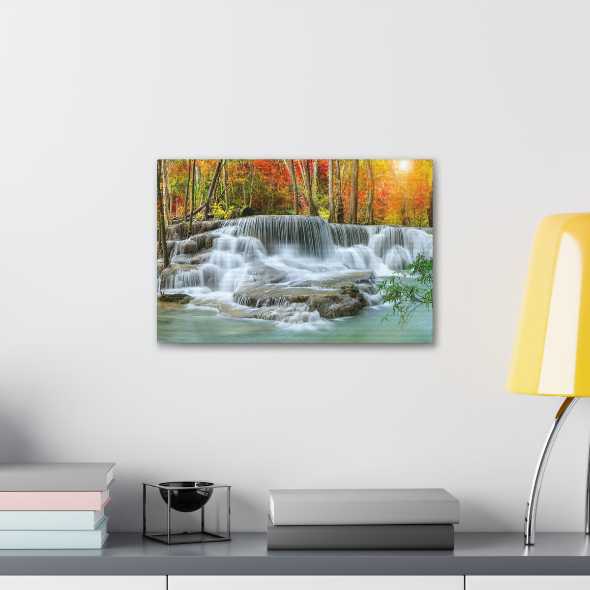 Cascading Autumn Forest Waterfall Nature Wilderness Photography Canvas Wall Art for Home Decor Ready-to-Hang-Express Your Love Gifts