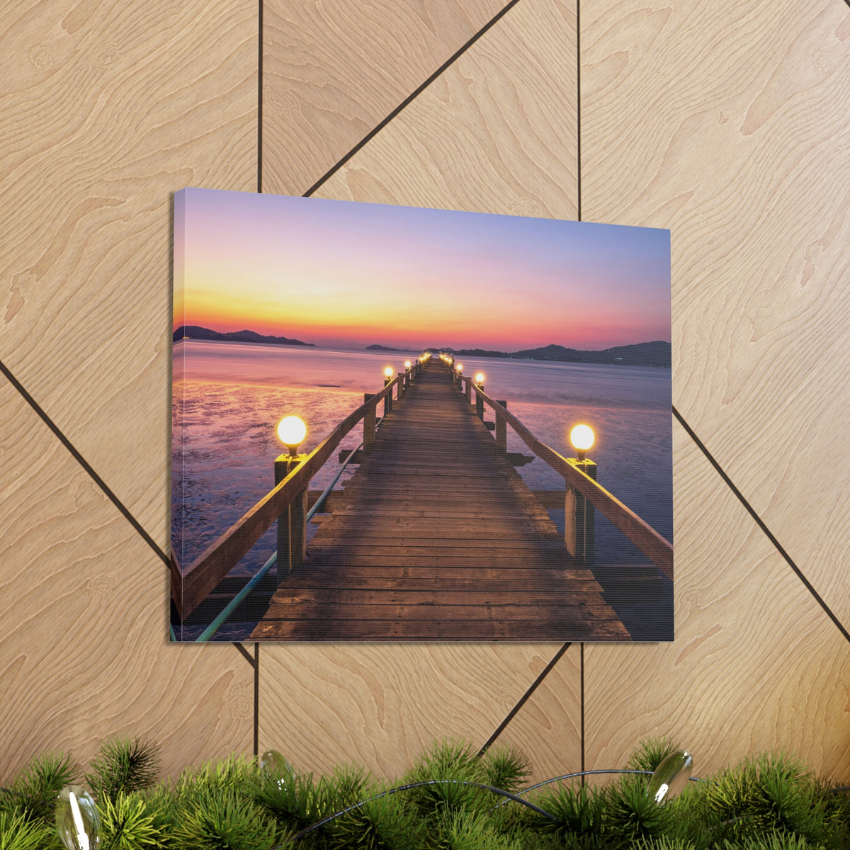Sunset Wooden Bridge Lake View Nature Wilderness Photography Canvas Wall Art for Home Decor Ready-to-Hang-Express Your Love Gifts