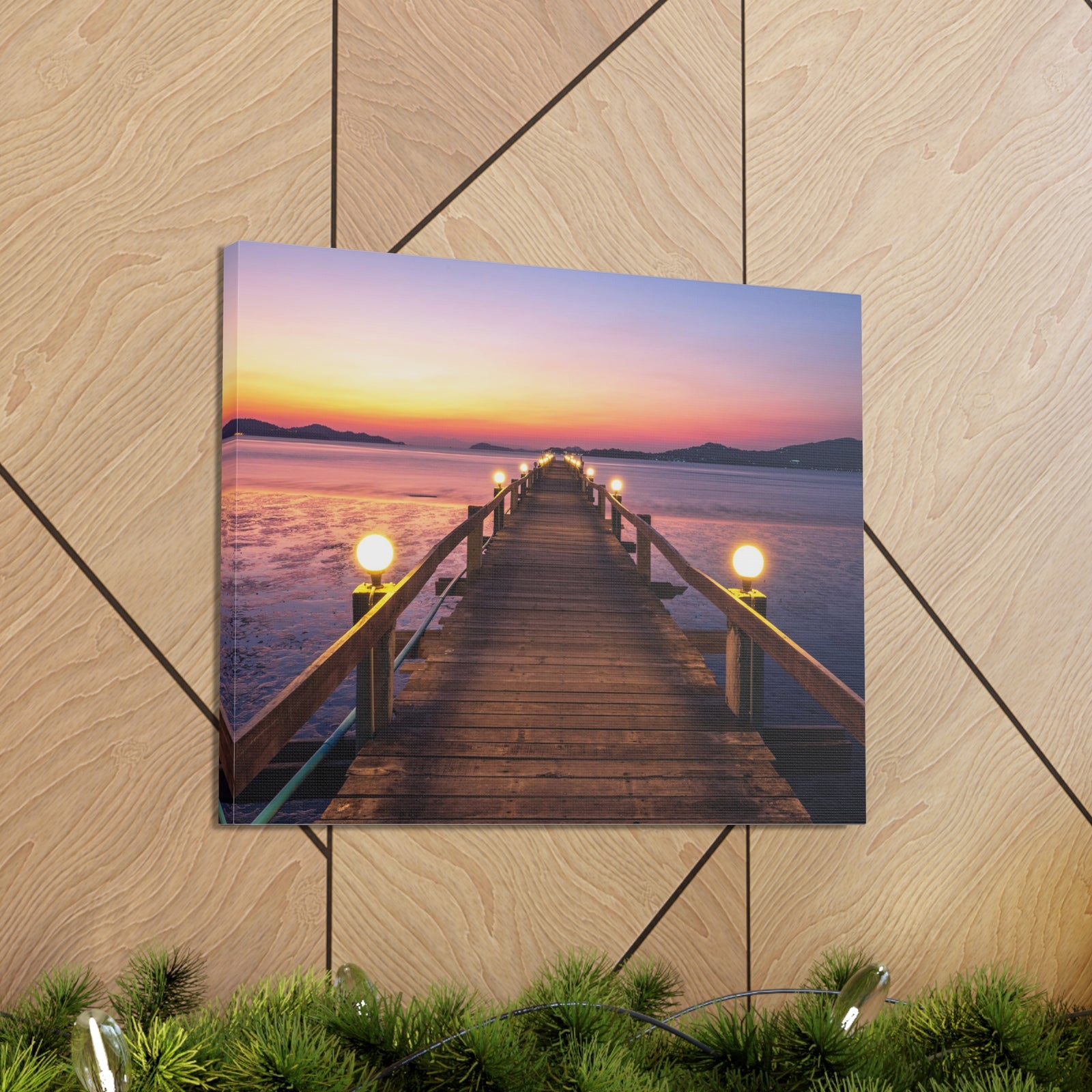 Sunset Wooden Bridge Lake View Nature Wilderness Photography Canvas Wall Art for Home Decor Ready-to-Hang-Express Your Love Gifts