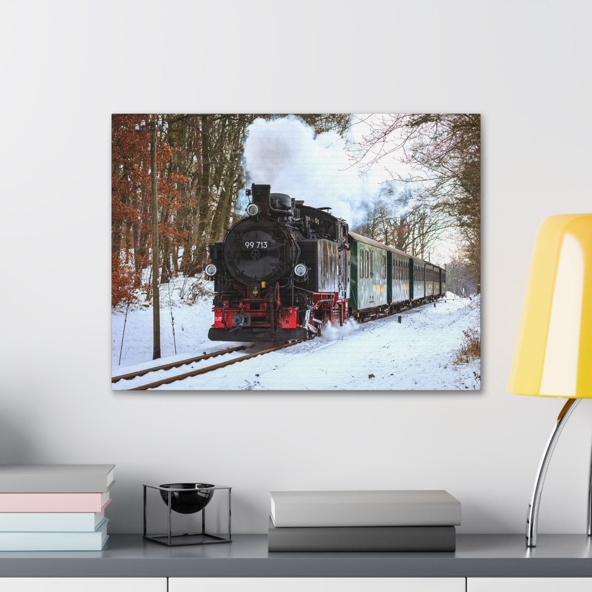 Steam Train Winter White Smoke Modern Multicolor Scenic Nature Photography Canvas Home Office Decor Ready to Hang-Express Your Love Gifts
