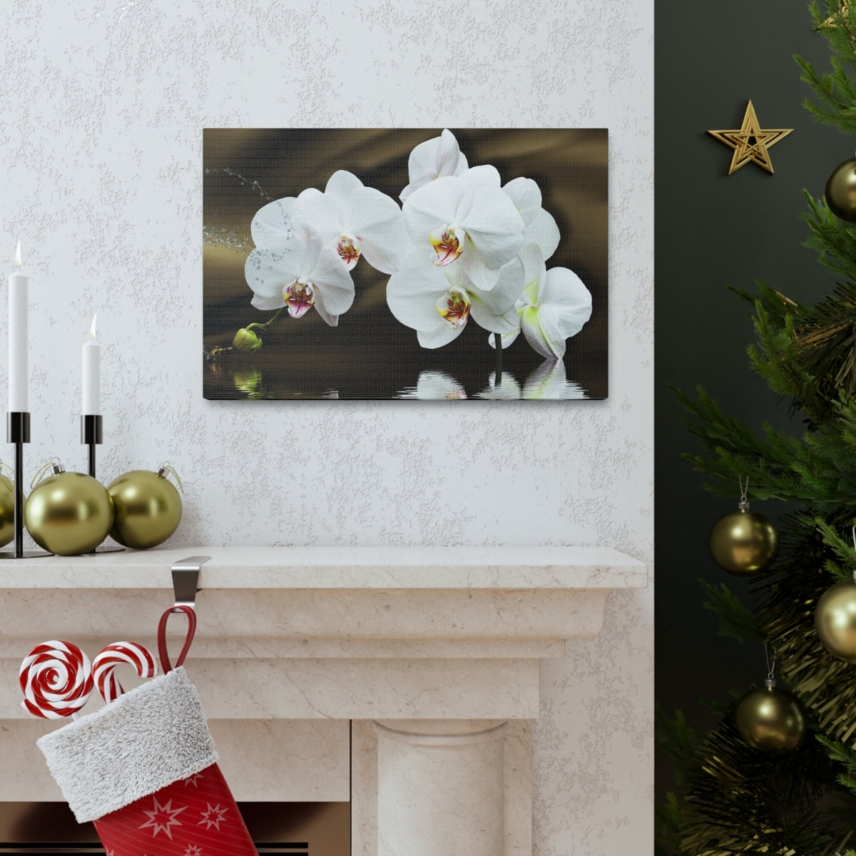 Orchids Reflected in Water Flower Canvas Wall Art for Home Decor Ready-to-Hang-Express Your Love Gifts