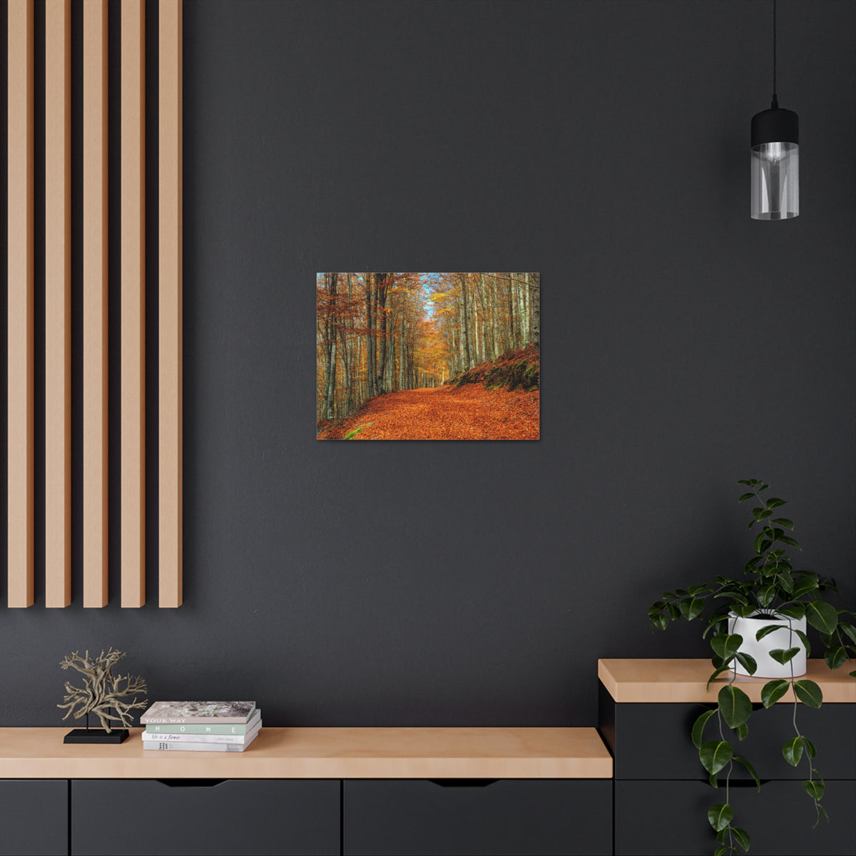 Path Through Red & Orange Autumn Park Nature Wilderness Photography Canvas Wall Art for Home Decor Ready-to-Hang-Express Your Love Gifts