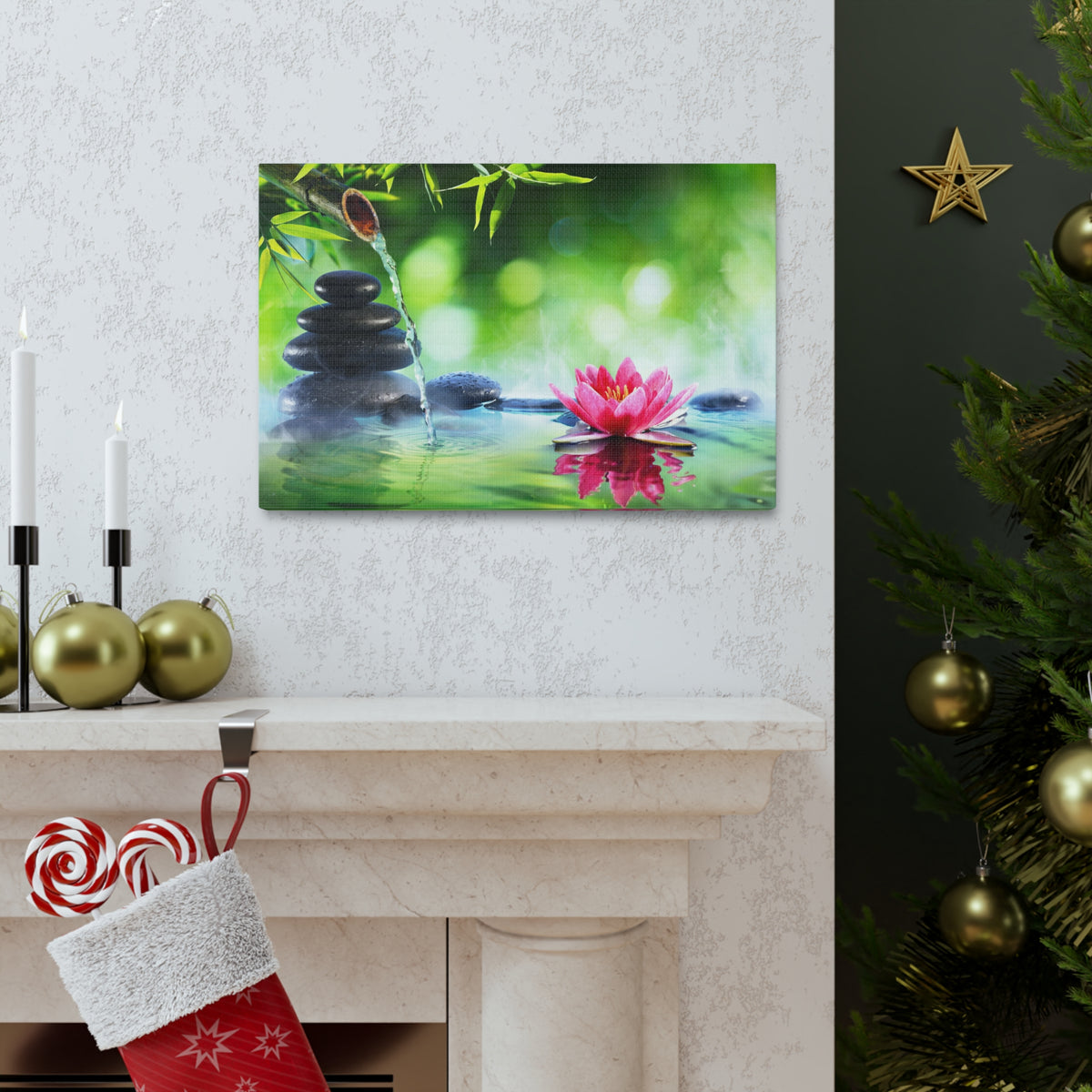 Stones and Waterlily Forest Floral Nature Photography Canvas Wall Art for Home Decor Ready-to-Hang-Express Your Love Gifts