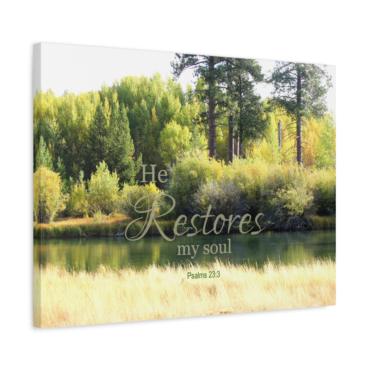 Scripture Canvas He Restores Psalm 23:3 Christian Wall Art Bible Verse Print Ready to Hang-Express Your Love Gifts