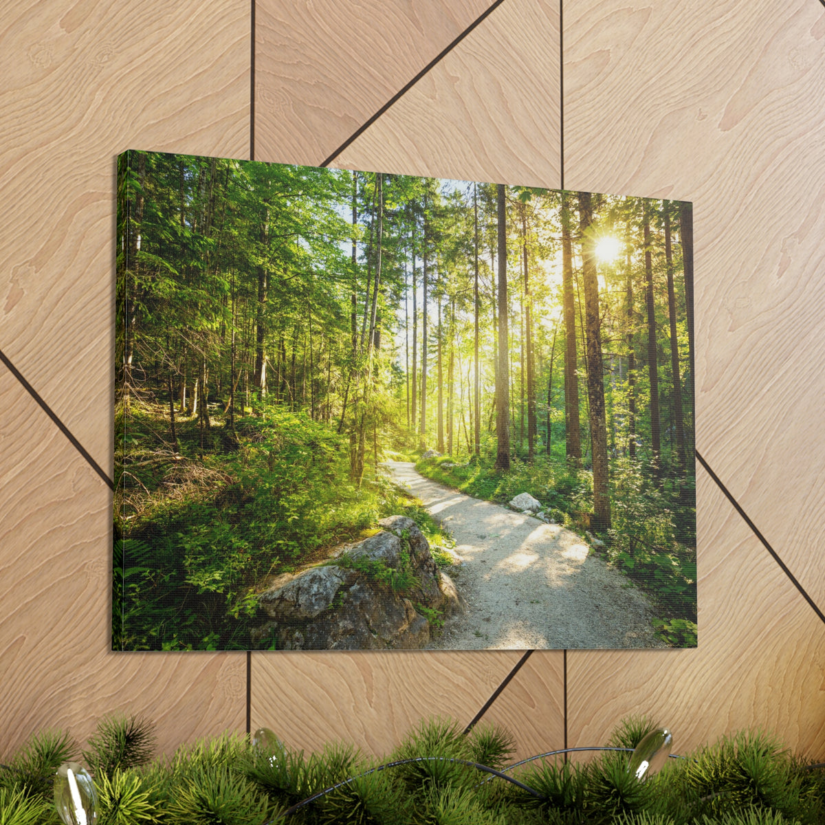 Sunlight Passing Through Green Forest Path Nature Wilderness Photography Canvas Wall Art for Home Decor Ready-to-Hang-Express Your Love Gifts