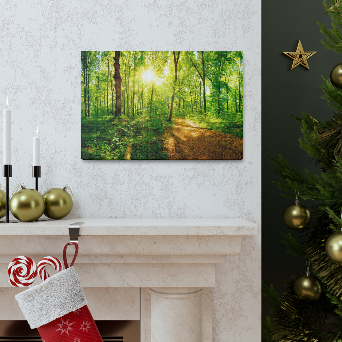 Green Forest Sunlight Nature Wilderness Photography Canvas Wall Art for Home Decor Ready-to-Hang-Express Your Love Gifts