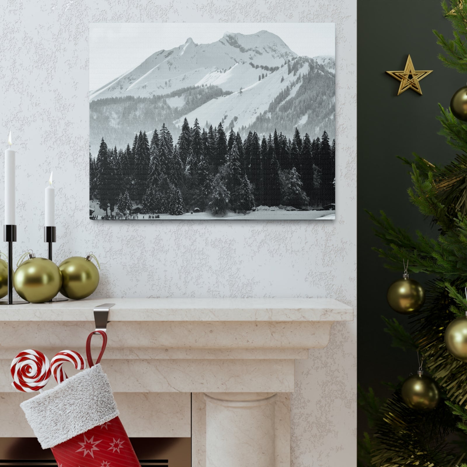 Winter Forest Mountain Black And White Nature Wilderness Photography Canvas Wall Art for Home Decor Ready-to-Hang-Express Your Love Gifts