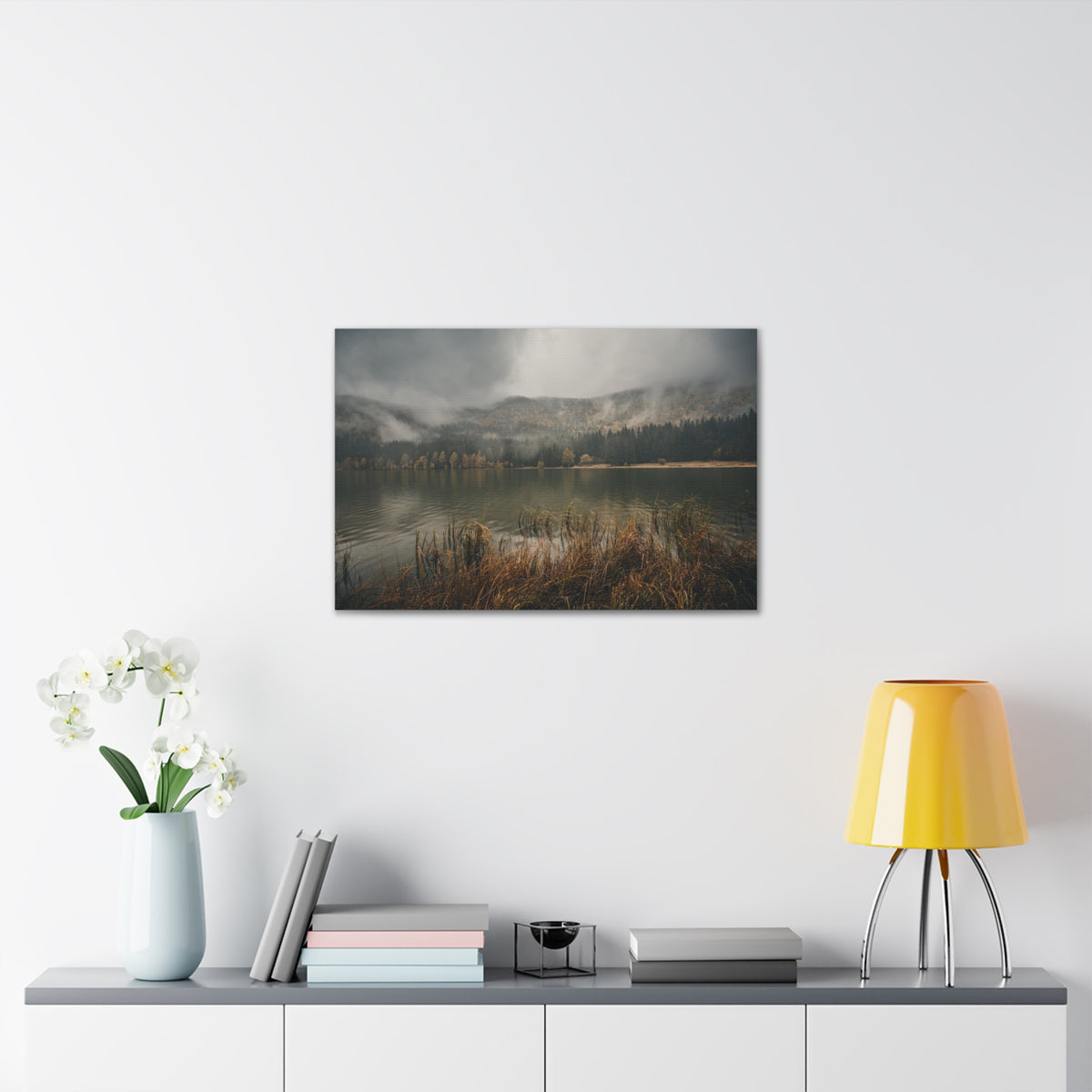 Misty Mountain Lake Reflection Nature Wilderness Photography Canvas Wall Art for Home Decor Ready-to-Hang-Express Your Love Gifts