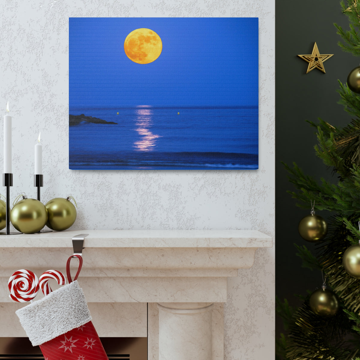Super Moon over Seascape Sea Canvas Wall Art for Home Decor Ready-to-Hang-Express Your Love Gifts