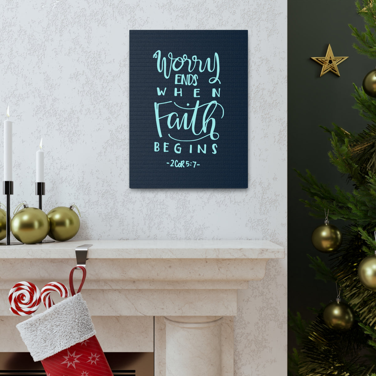 Scripture Canvas Worry Ends When Faith Begins 2 Corinthians 5:7 Christian Wall Art Bible Verse Print Ready To Hang-Express Your Love Gifts