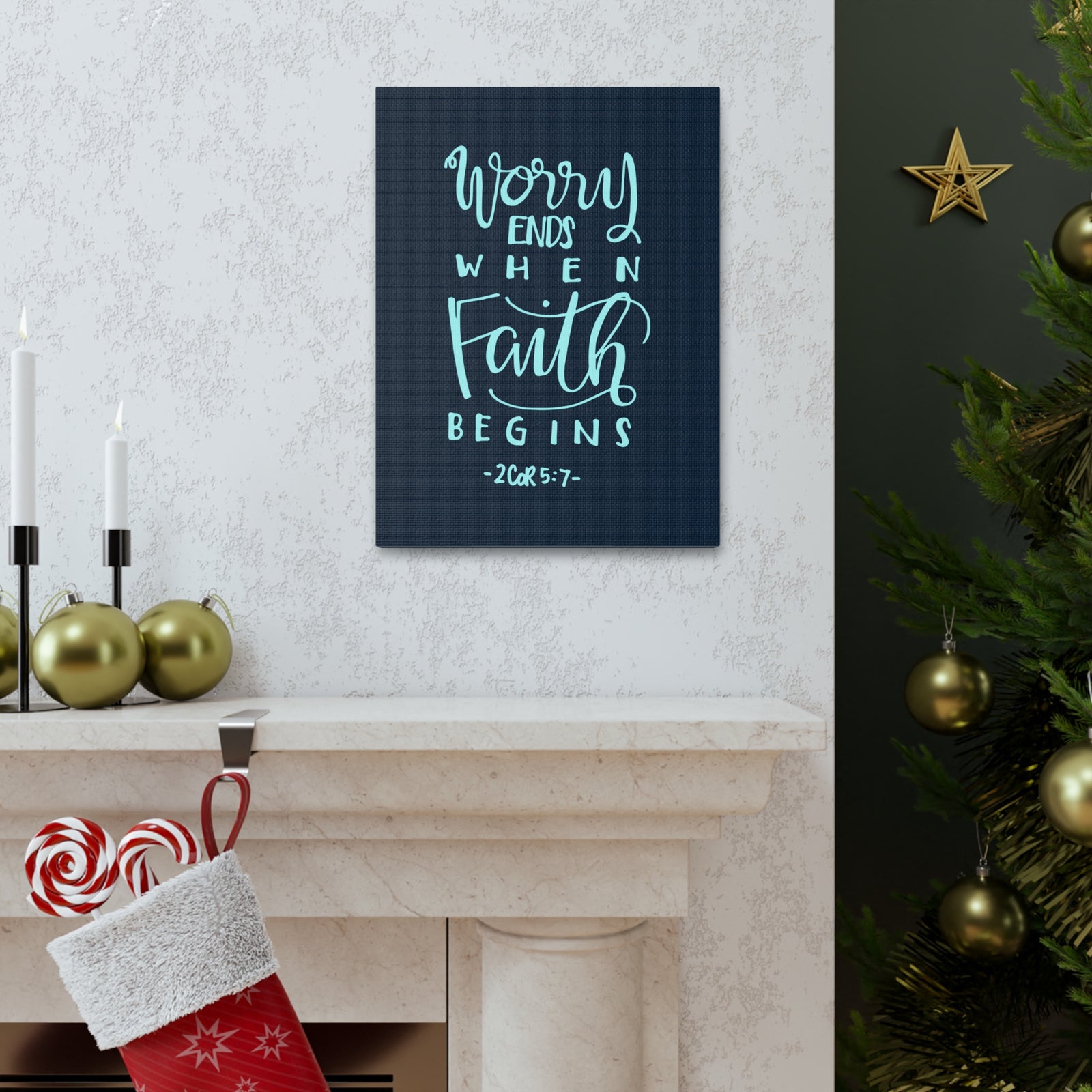 Scripture Canvas Worry Ends When Faith Begins 2 Corinthians 5:7 Christian Wall Art Bible Verse Print Ready To Hang-Express Your Love Gifts