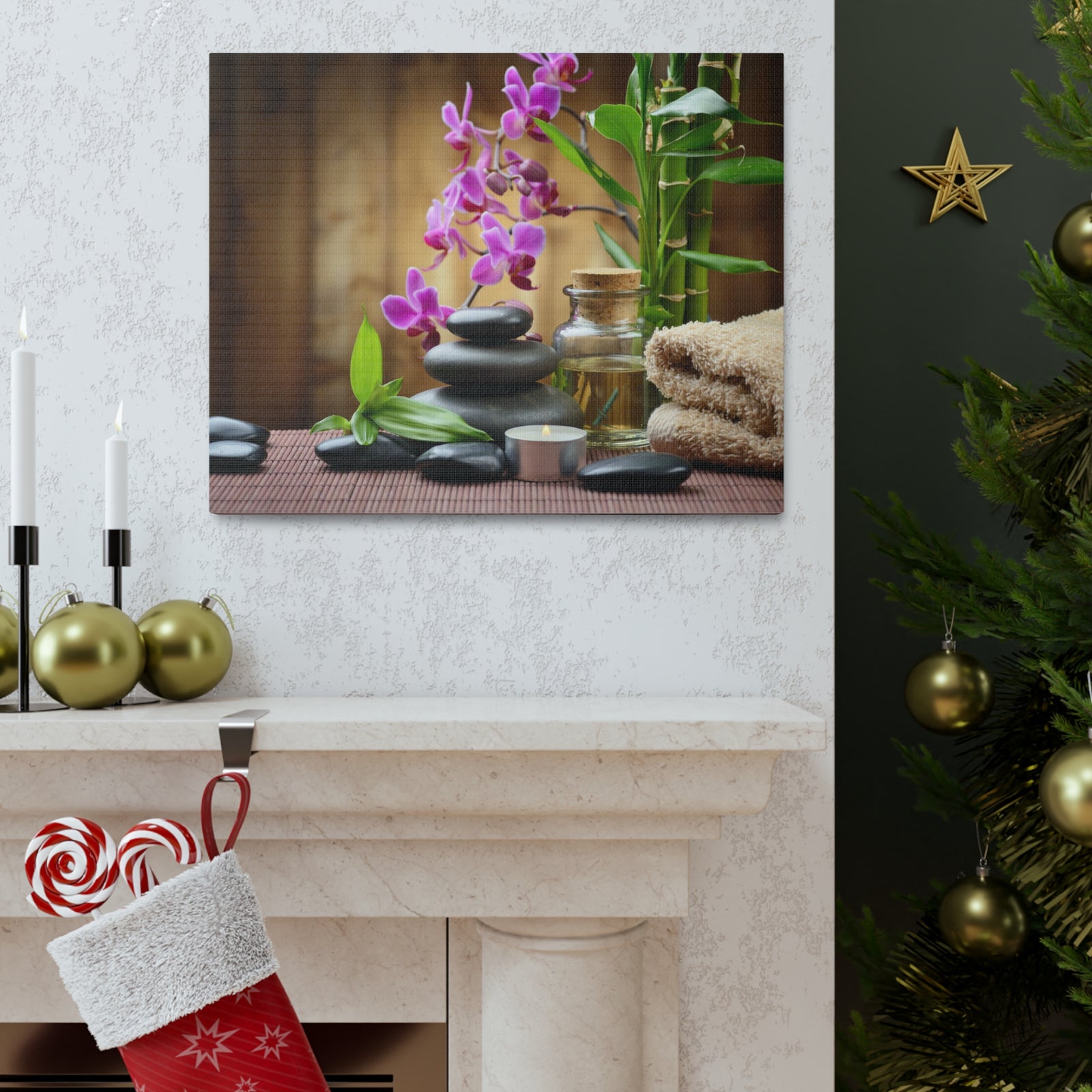 Stones on the Wood Forest Floral Nature Photography Canvas Wall Art for Home Decor Ready-to-Hang-Express Your Love Gifts