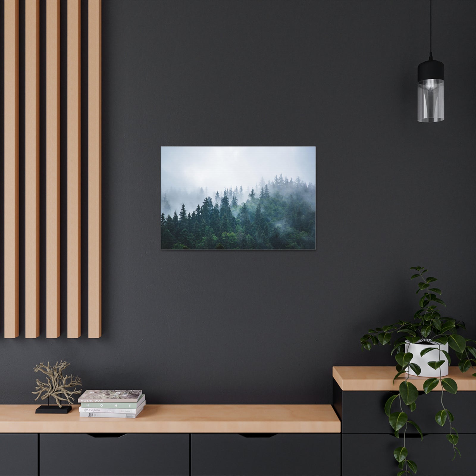 Misty Dark Mountain Forest Nature Wilderness Photography Canvas Wall Art for Home Decor Ready-to-Hang-Express Your Love Gifts