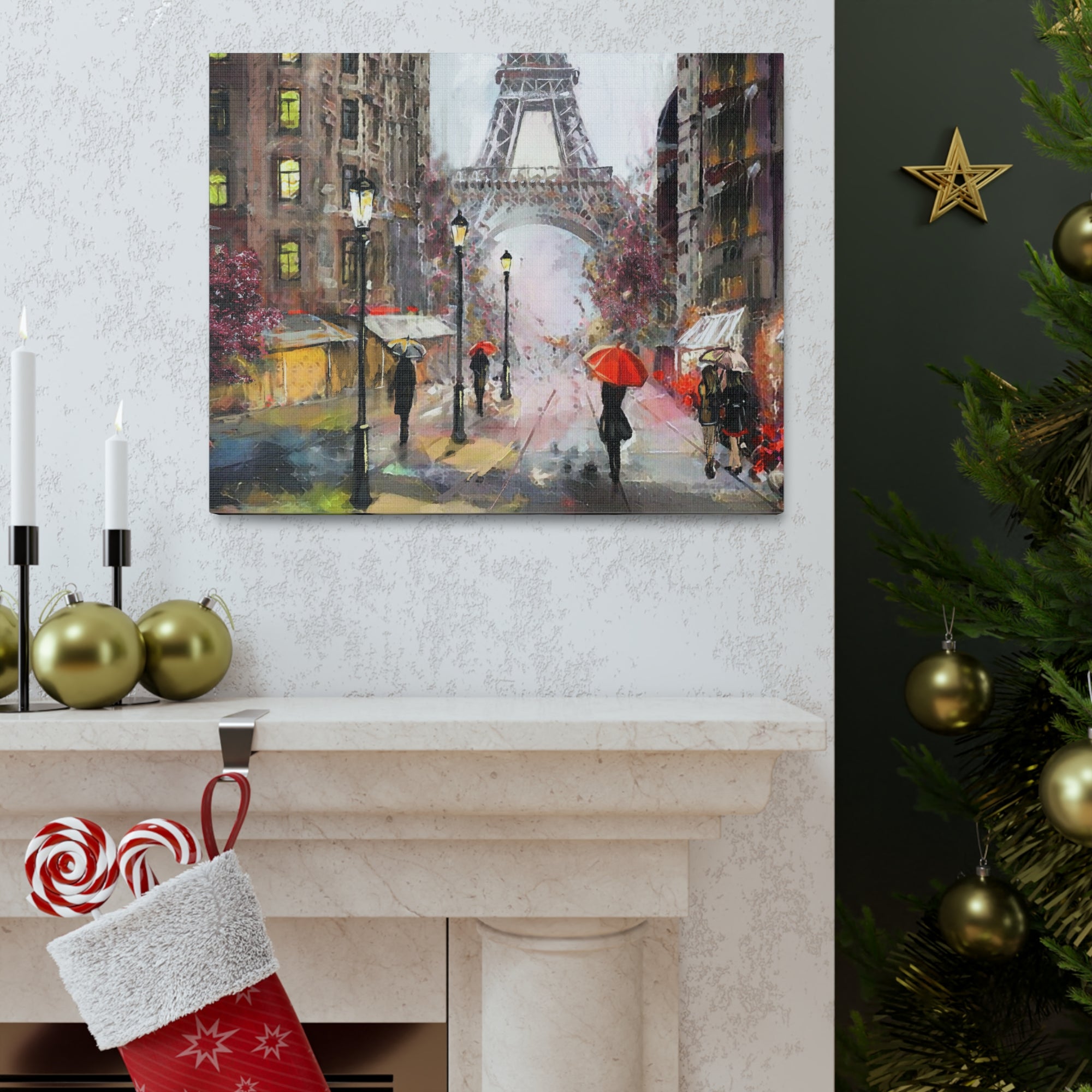 Paris Urban People Under Red Umbrella Paris Eiffel Tower Couple France Canvas Artwork High-Quality Breathtaking French City for Home Decor Ready to Hang-Express Your Love Gifts