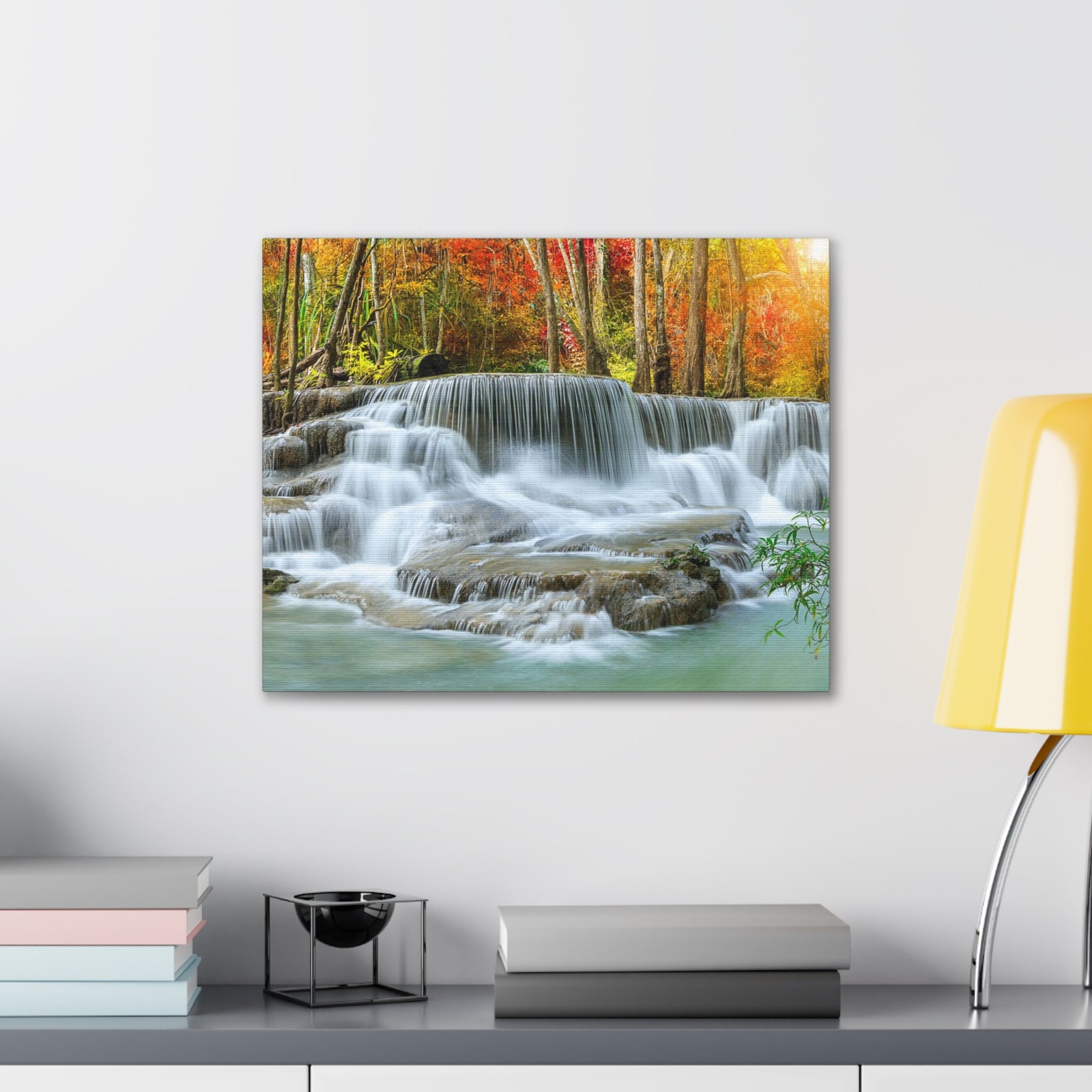 Cascading Autumn Forest Waterfall Nature Wilderness Photography Canvas Wall Art for Home Decor Ready-to-Hang-Express Your Love Gifts