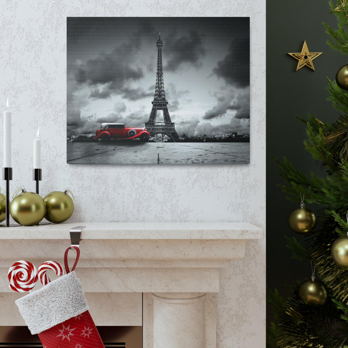 Eiffel Tower And Red Retro Car, France Canvas Artwork High-Quality Breathtaking French City for Home Decor Ready to Hang ‌-Express Your Love Gifts