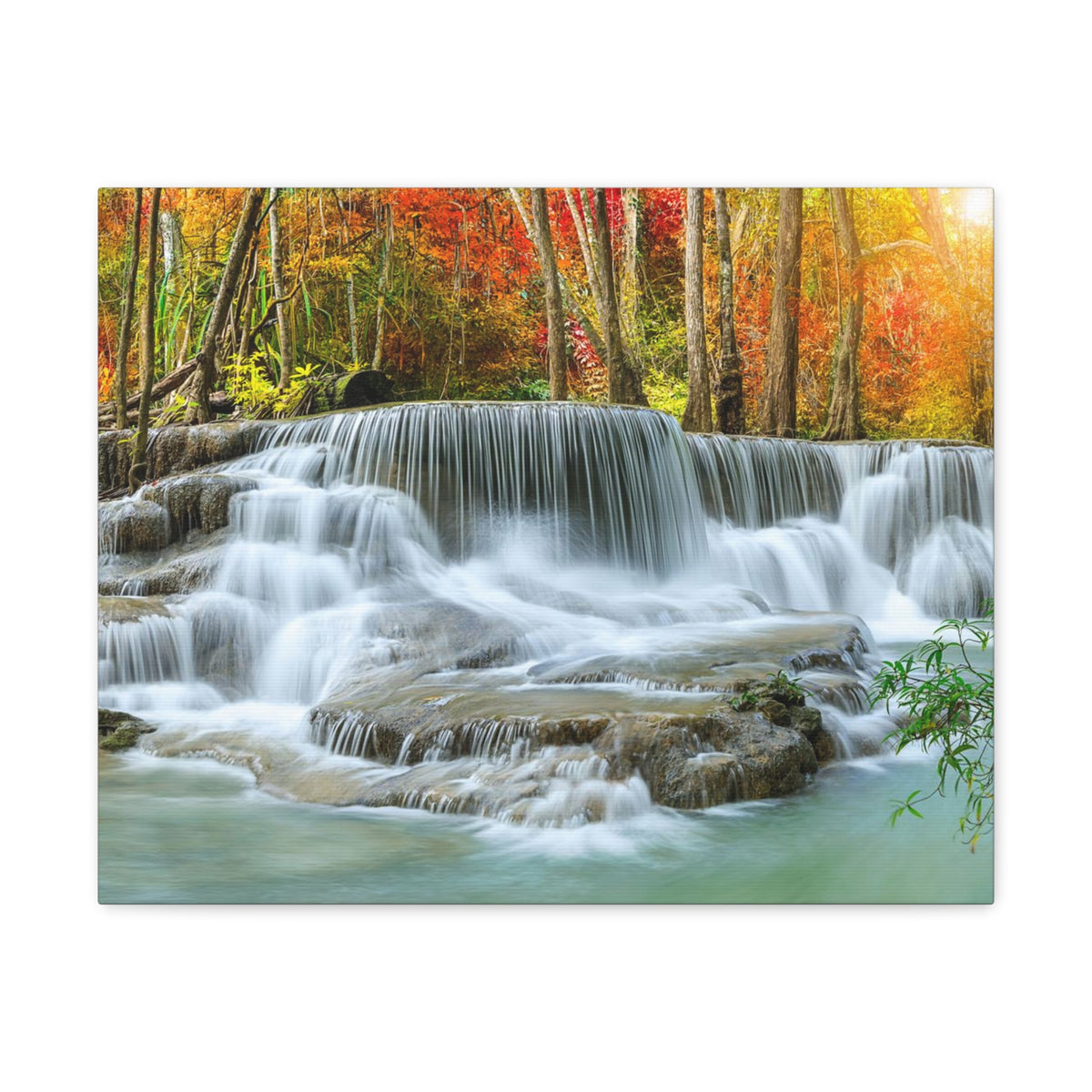 Cascading Autumn Forest Waterfall Nature Wilderness Photography Canvas Wall Art for Home Decor Ready-to-Hang-Express Your Love Gifts