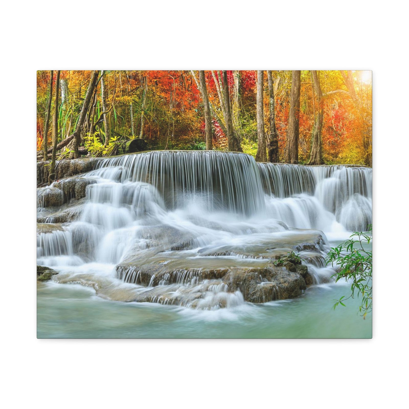 Cascading Autumn Forest Waterfall Nature Wilderness Photography Canvas Wall Art for Home Decor Ready-to-Hang-Express Your Love Gifts