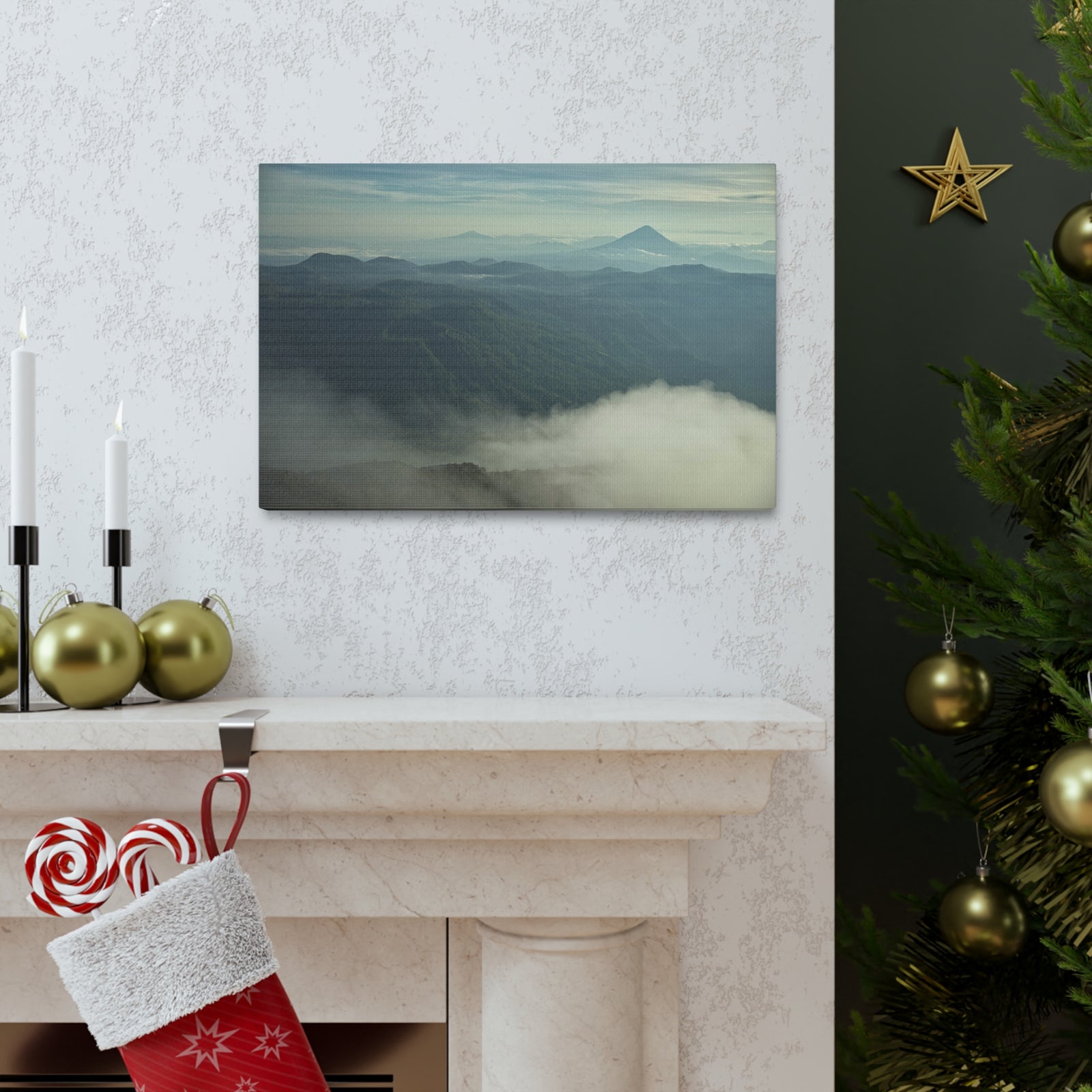 Misty Forest Mountain Nature Wilderness Photography Canvas Wall Art for Home Decor Ready-to-Hang-Express Your Love Gifts