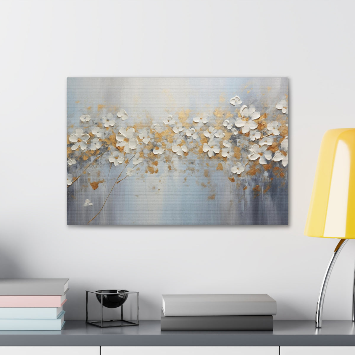 Abstract Gold Element White Flowers Texture Background Canvas Wall Art for Home Decor Ready-to-Hang-Express Your Love Gifts