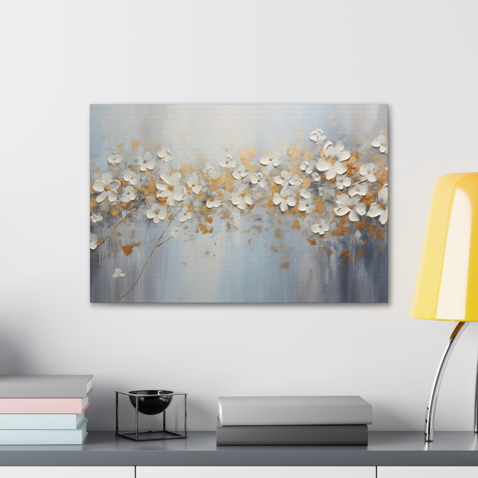 Abstract Gold Element White Flowers Texture Background Canvas Wall Art for Home Decor Ready-to-Hang-Express Your Love Gifts