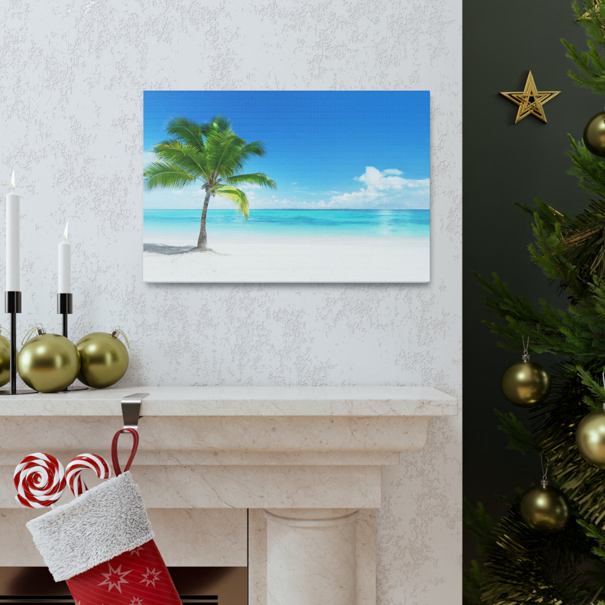 Palm on the beach in Daylight Ocean Canvas Wall Art for Home Decor Ready-to-Hang-Express Your Love Gifts