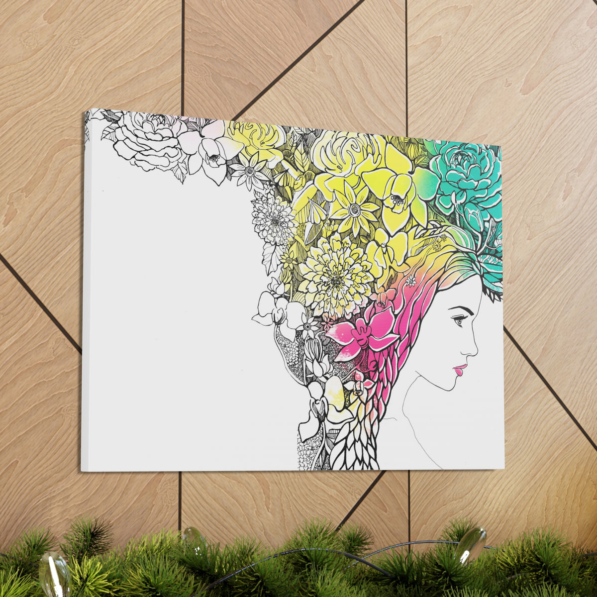 Young Girl With Hair Made Of Flowers And Leaves Flower Canvas Wall Art for Home Decor Ready-to-Hang-Express Your Love Gifts