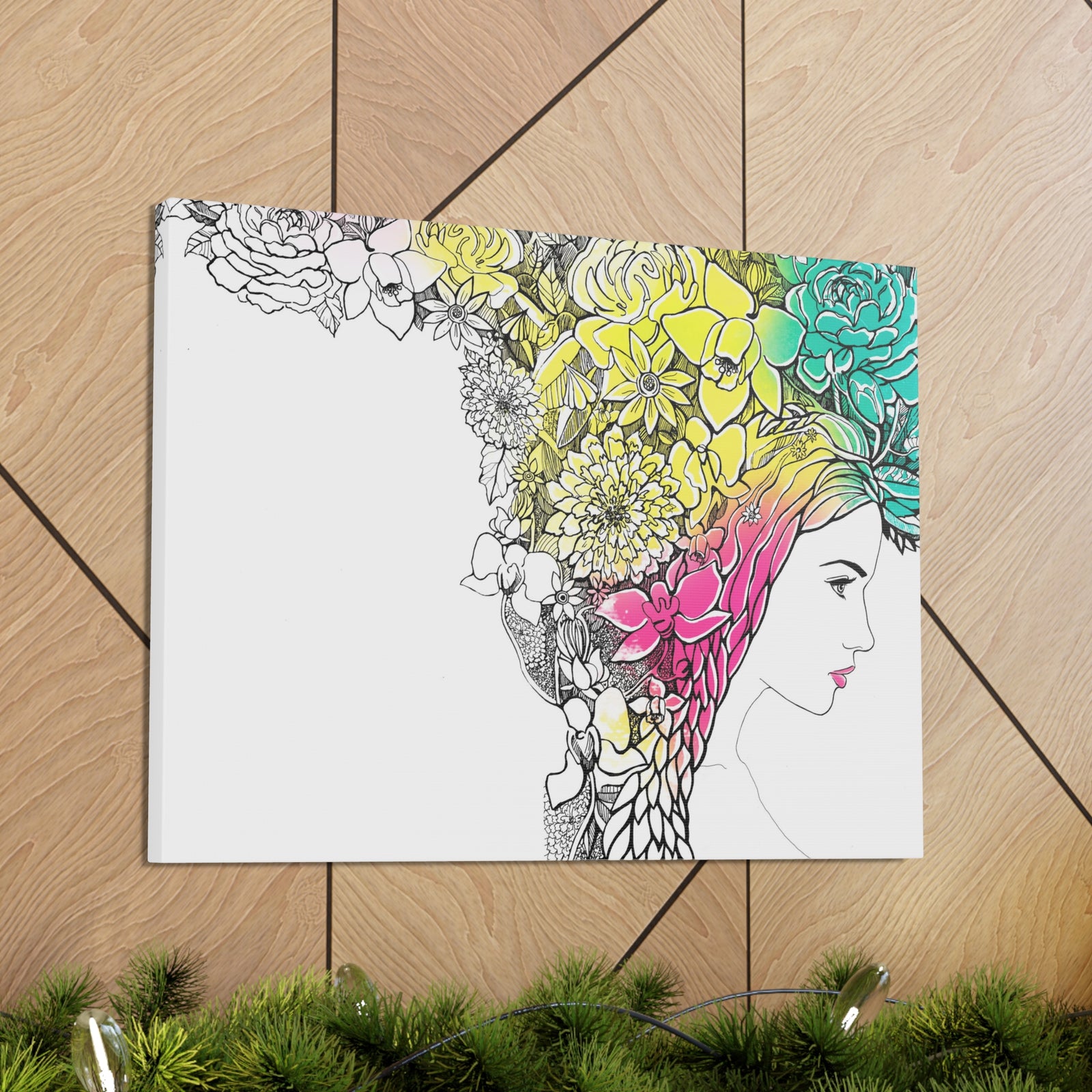 Young Girl With Hair Made Of Flowers And Leaves Flower Canvas Wall Art for Home Decor Ready-to-Hang-Express Your Love Gifts