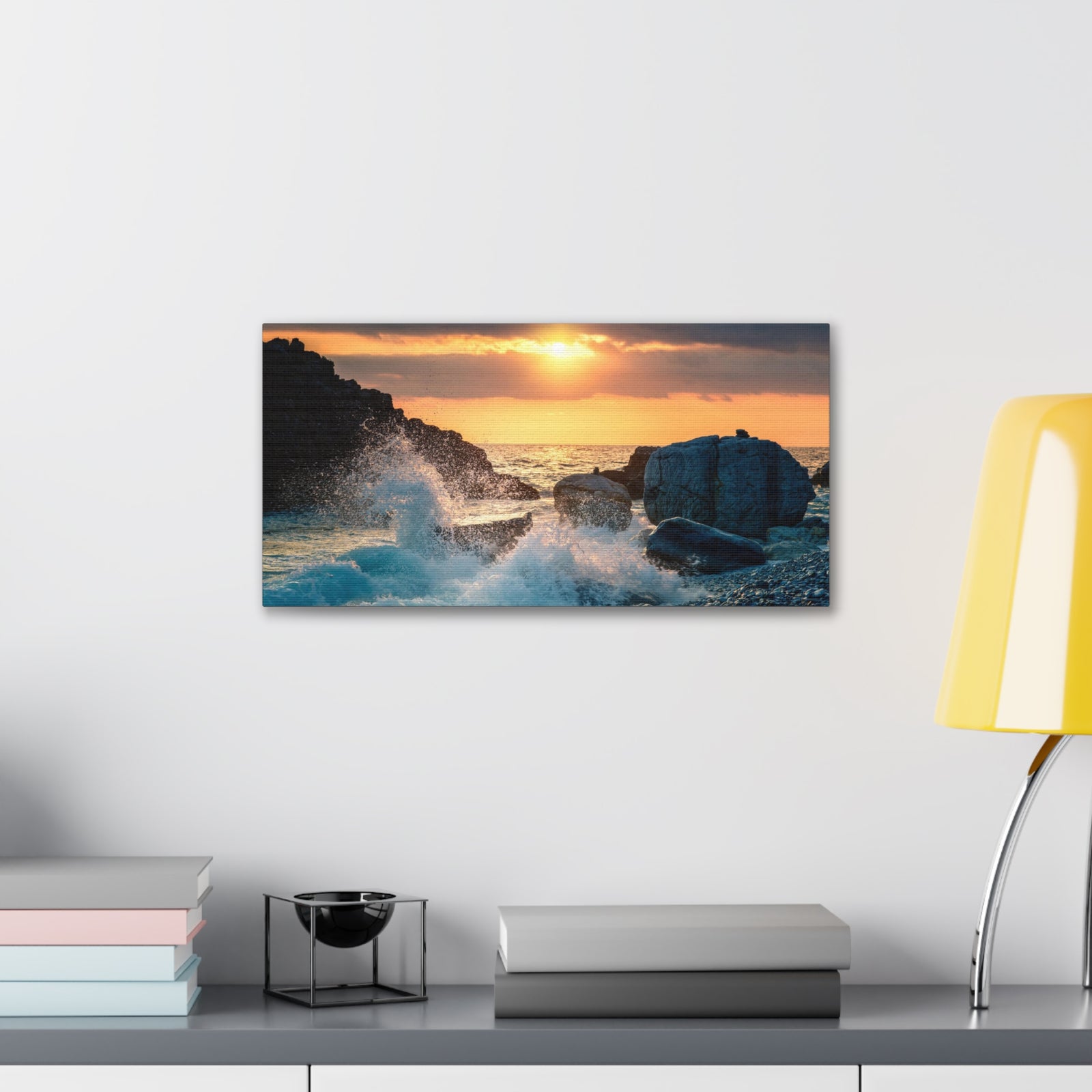 Sea Ocean Wave Hit Rock Beach Sunset Seascape Ocean Canvas Wall Art for Home Decor Ready-to-Hang-Express Your Love Gifts