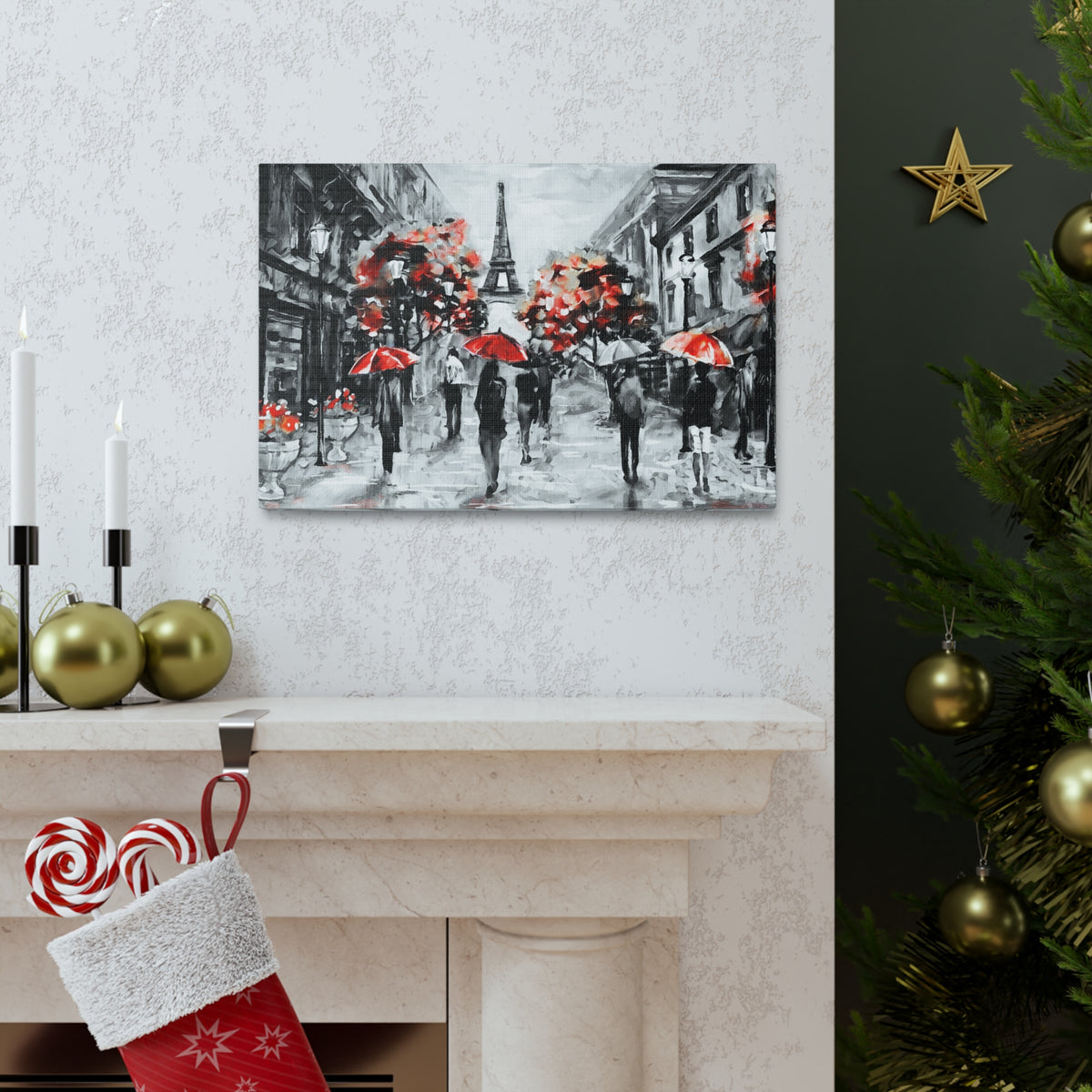 Eiffel Tower Street View Umbrella Paris France Canvas Artwork High-Quality Breathtaking French City for Home Decor Ready to Hang-Express Your Love Gifts