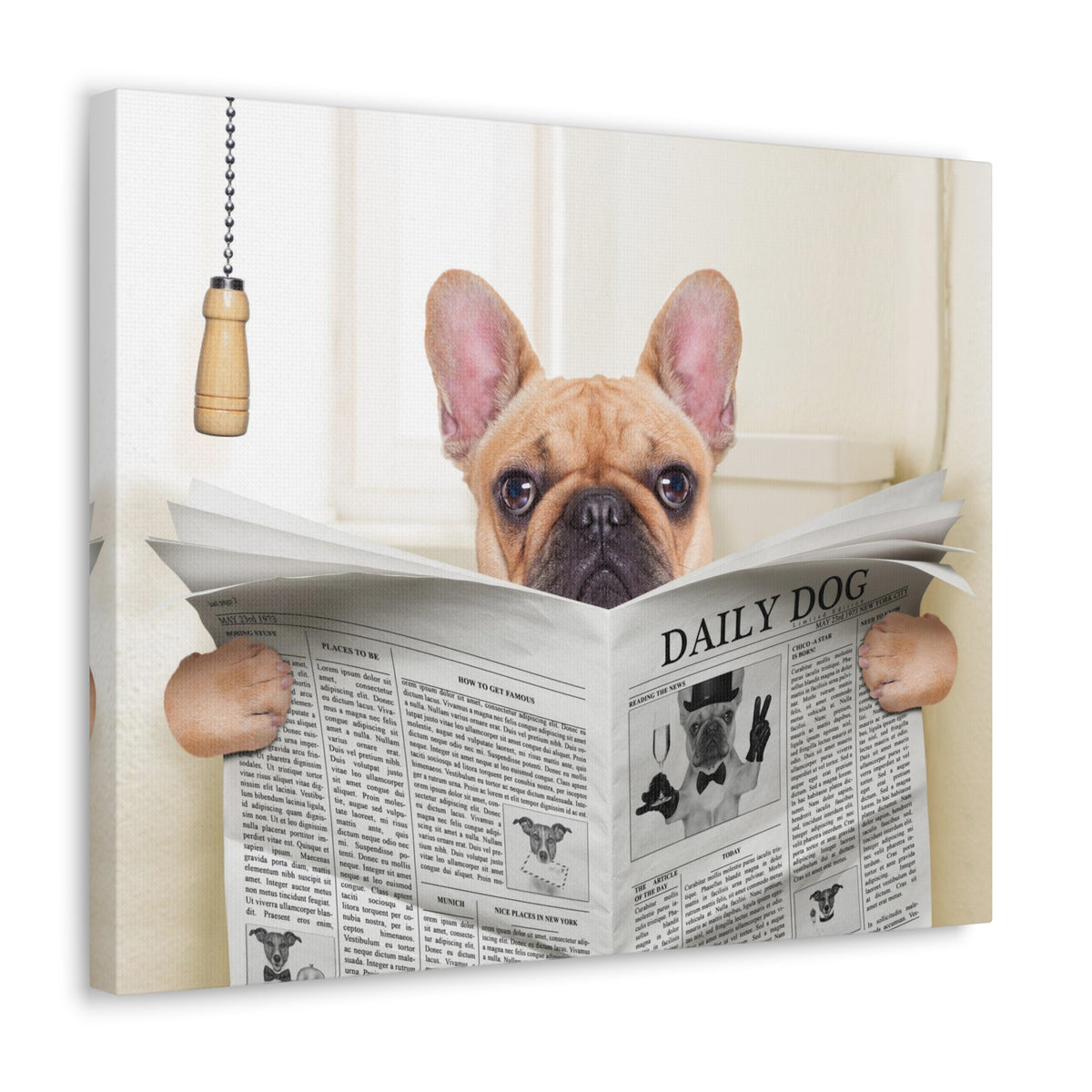 Fawn French Bulldog Reading Newspaper On Toilet Funny Canvas Wall Art for Home Decor Ready-to-Hand-Express Your Love Gifts