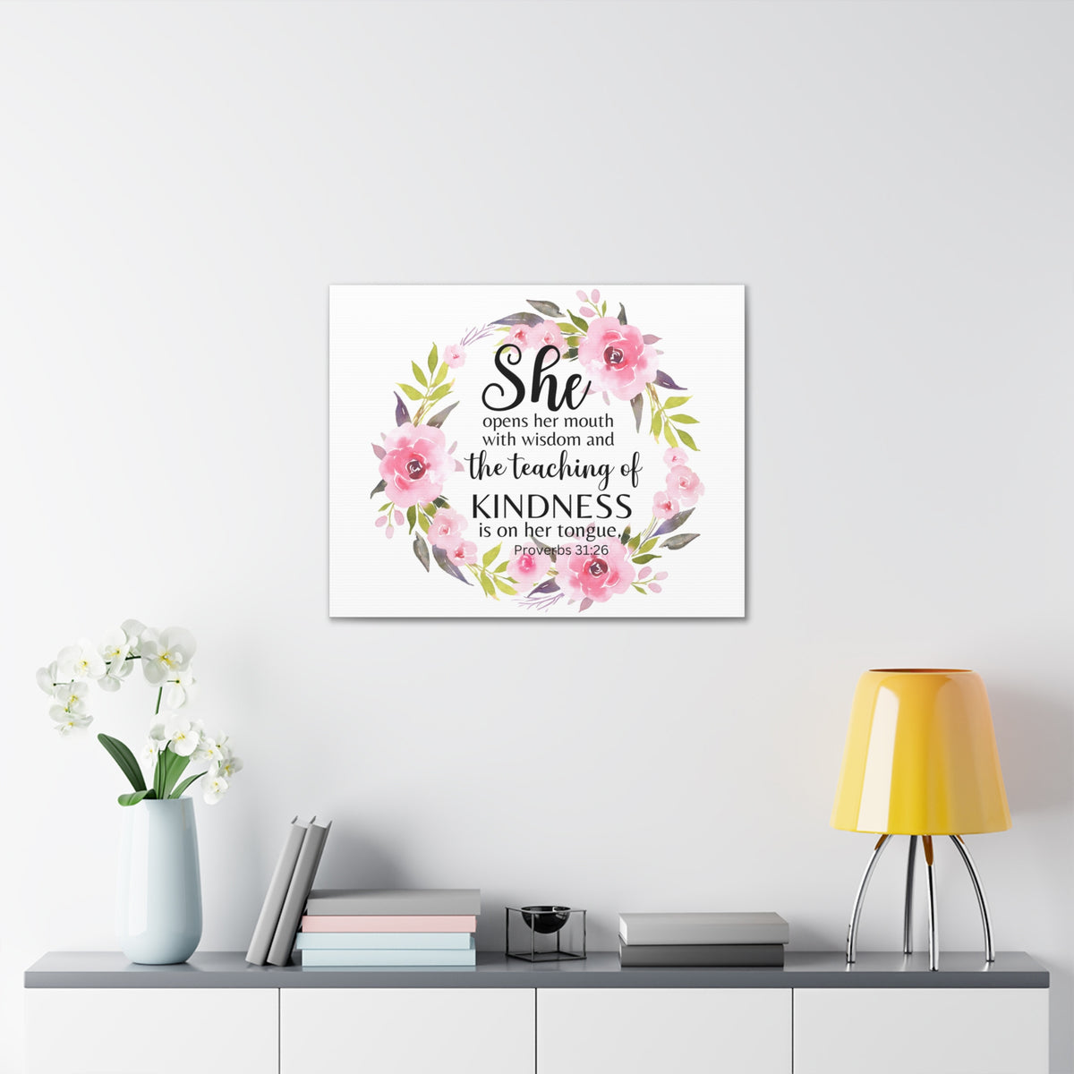 Scripture Walls Proverbs 31:26 She Teaches Kindness Bible Verse Canvas Christian Wall Art Ready to Hang Unframed-Express Your Love Gifts