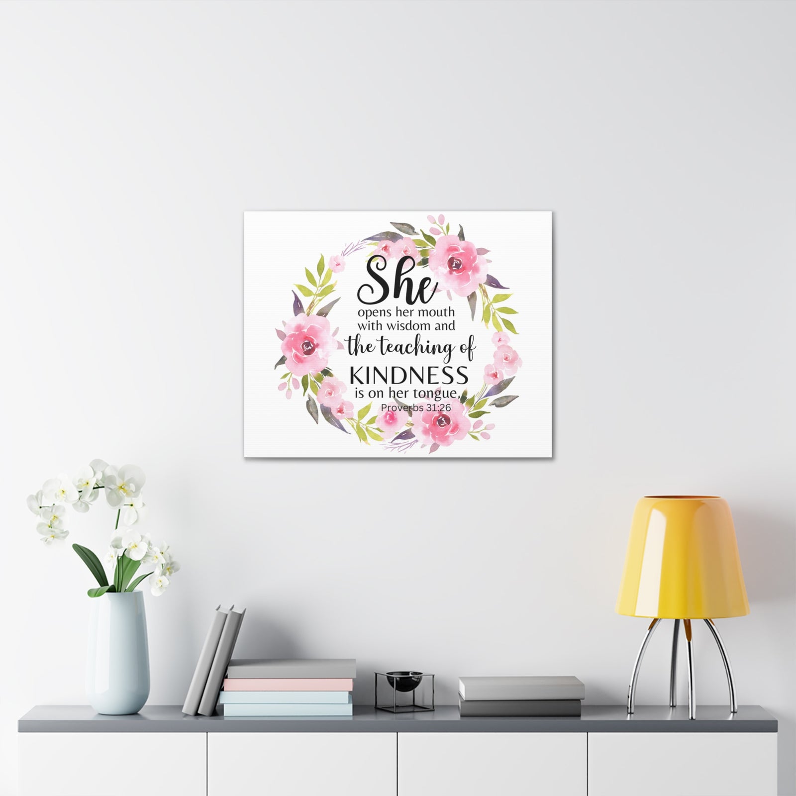 Scripture Walls Proverbs 31:26 She Teaches Kindness Bible Verse Canvas Christian Wall Art Ready to Hang Unframed-Express Your Love Gifts