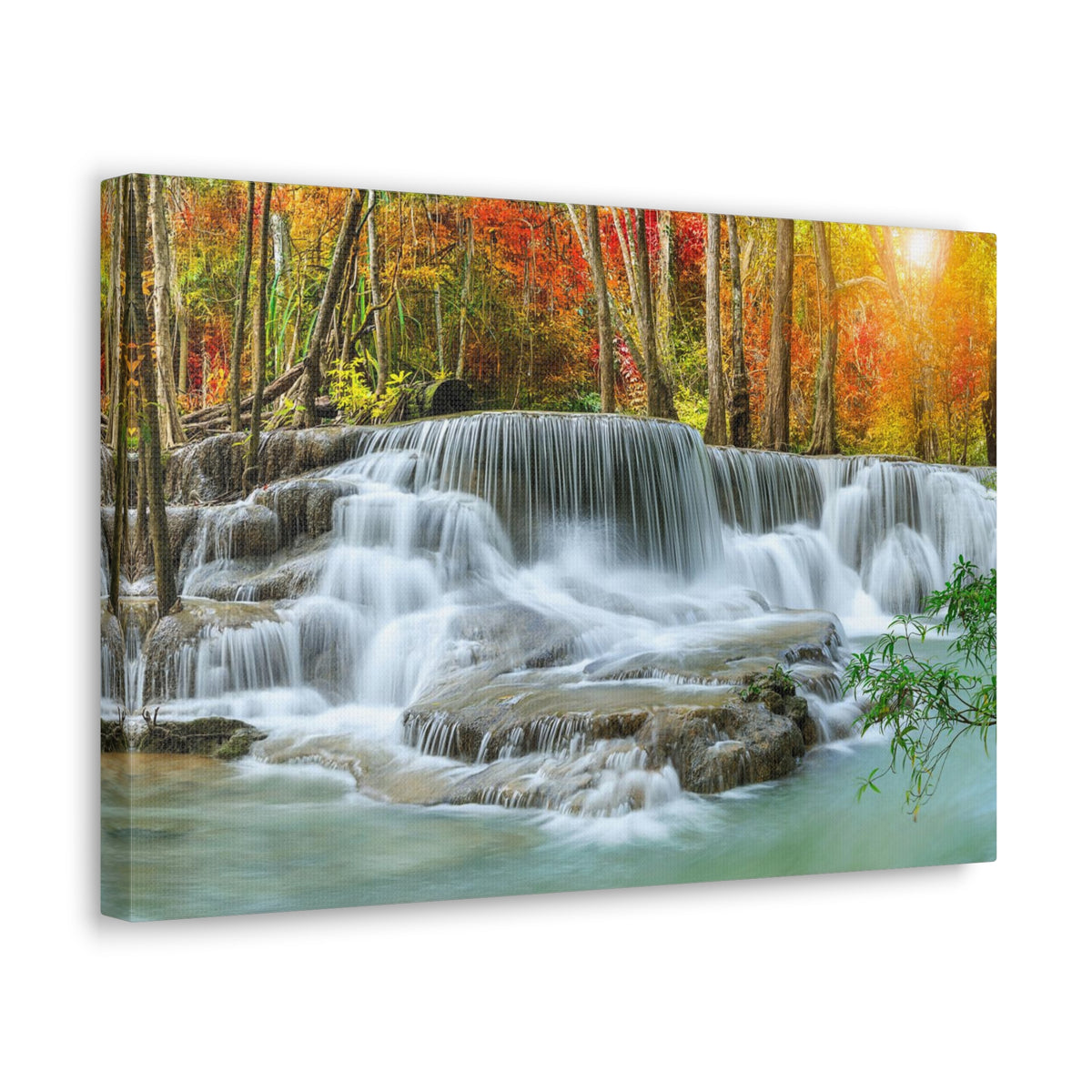 Cascading Autumn Forest Waterfall Nature Wilderness Photography Canvas Wall Art for Home Decor Ready-to-Hang-Express Your Love Gifts