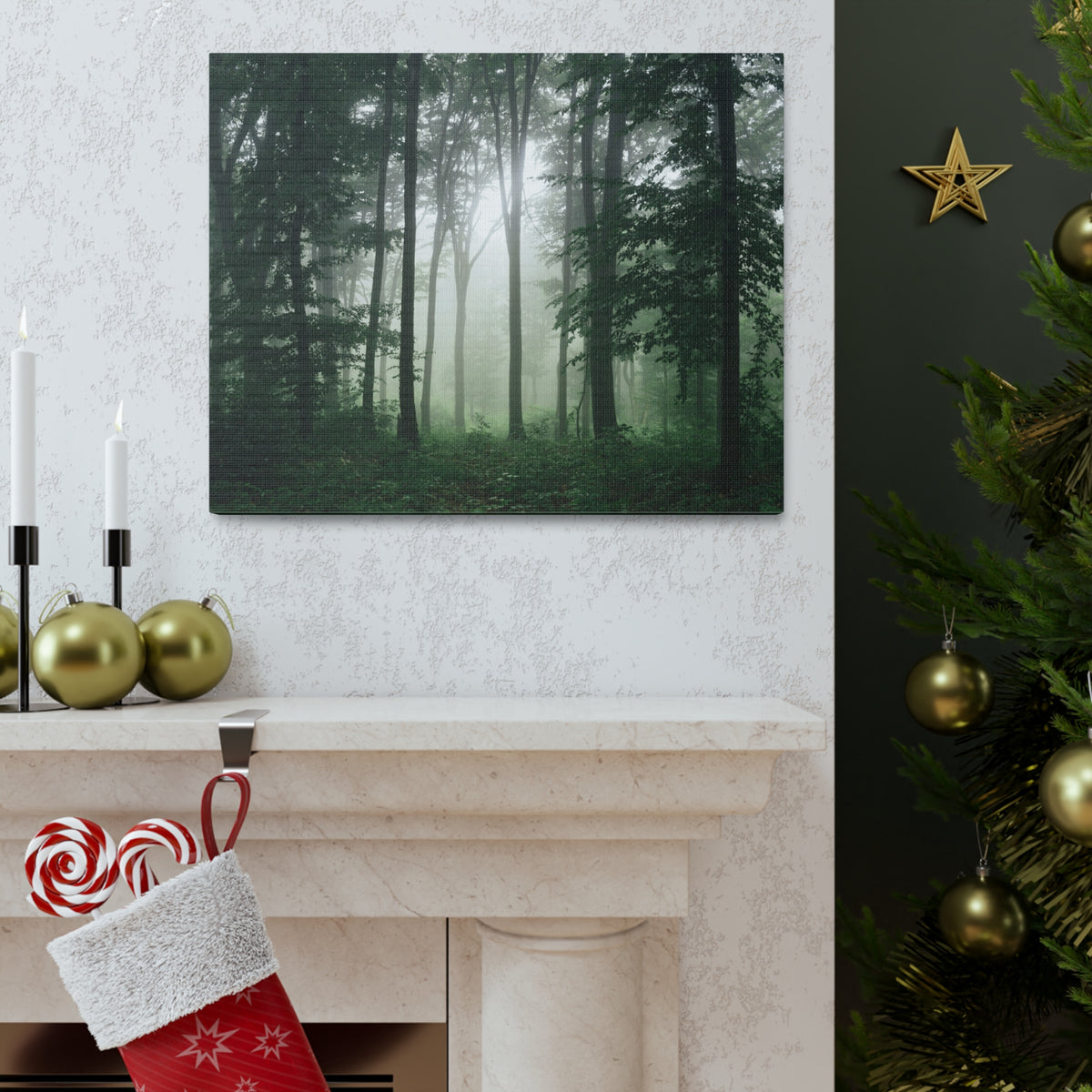 Pine Tree Misty Forest Nature Wilderness Photography Canvas Wall Art for Home Decor Ready-to-Hang-Express Your Love Gifts