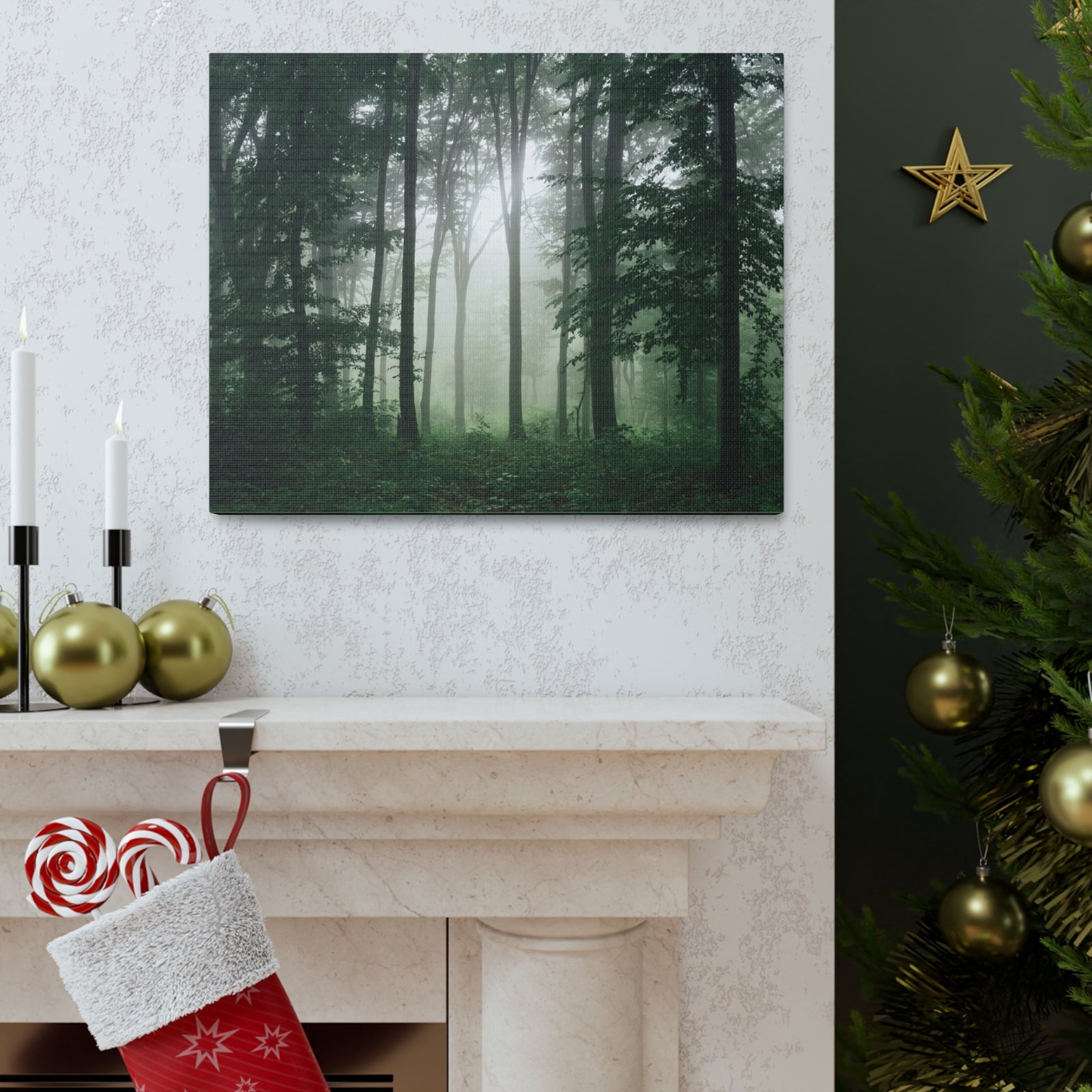 Pine Tree Misty Forest Nature Wilderness Photography Canvas Wall Art for Home Decor Ready-to-Hang-Express Your Love Gifts