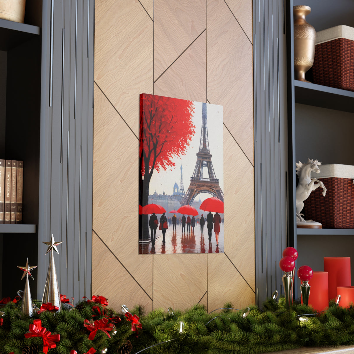 Paris Eiffel Tower Crowd With Red Umbrella France Canvas Artwork High-Quality Breathtaking French City for Home Decor Ready to Hang-Express Your Love Gifts