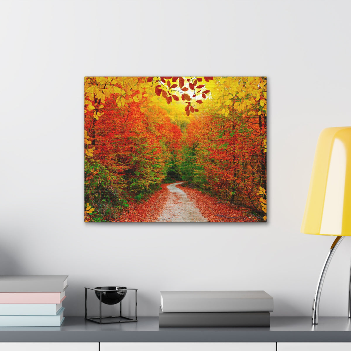 Autumn Fall Orange Leaf Forest Tree Trail Nature Wilderness Photography Canvas Wall Art for Home Decor Ready-to-Hang-Express Your Love Gifts