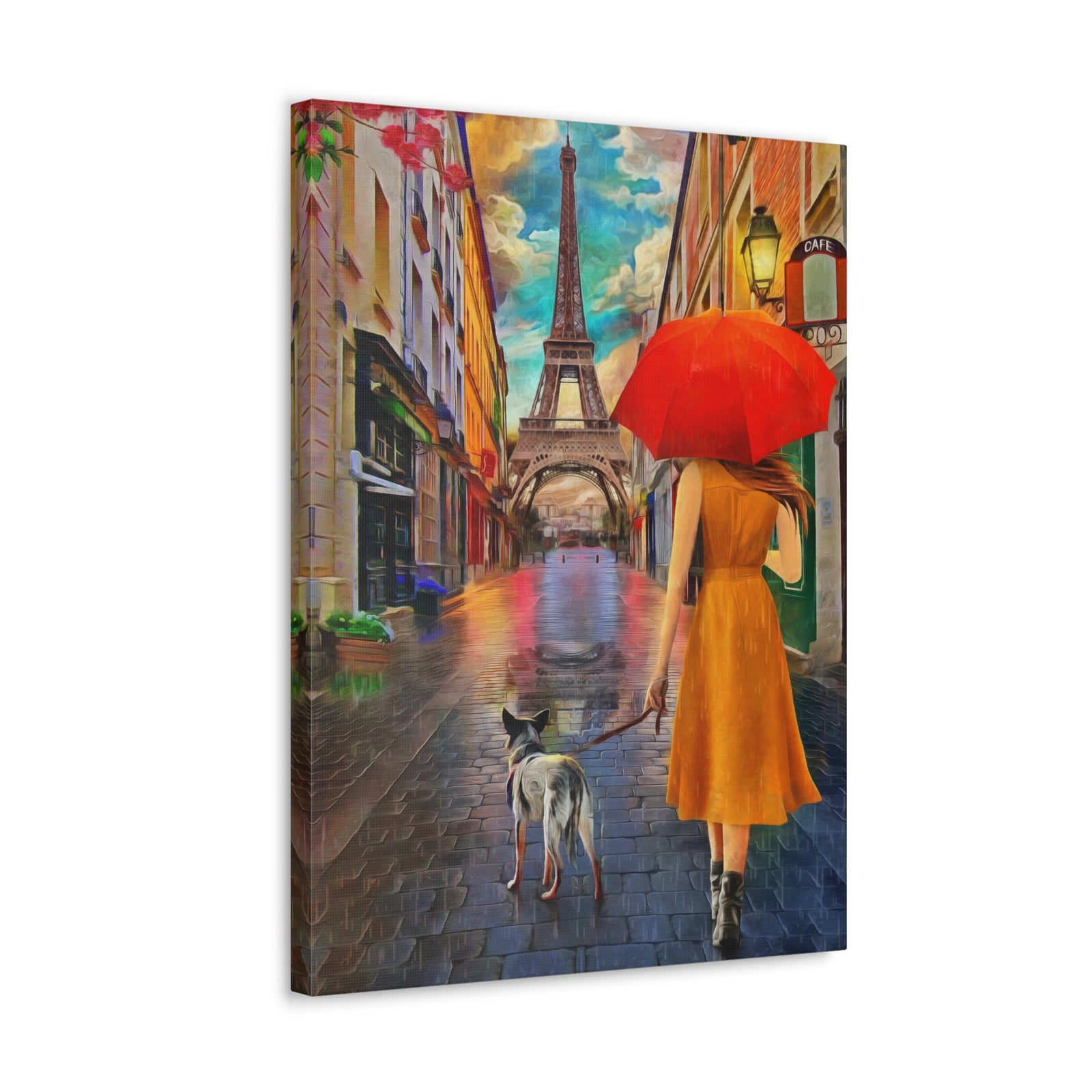 Paris Yellow Dress Red Umbrella Paris Eiffel Tower Couple France Canvas Artwork High-Quality Breathtaking French City for Home Decor Ready to Hang-Express Your Love Gifts