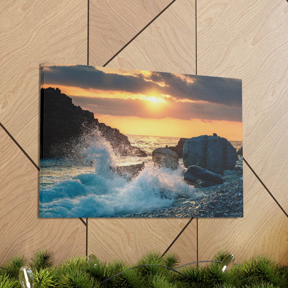 Sea Ocean Wave Hit Rock Beach Sunset Seascape Ocean Canvas Wall Art for Home Decor Ready-to-Hang-Express Your Love Gifts
