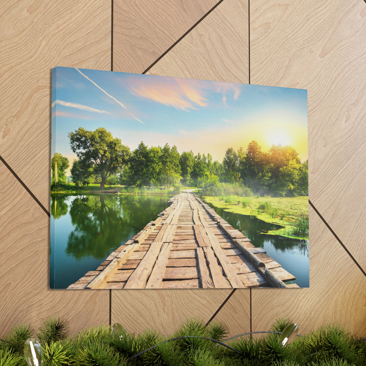Lake at Dawn Wooden Bridge Nature Wilderness Photography Canvas Wall Art for Home Decor Ready-to-Hang-Express Your Love Gifts