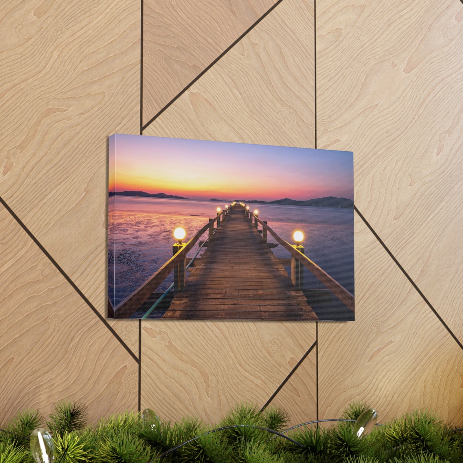Sunset Wooden Bridge Lake View Nature Wilderness Photography Canvas Wall Art for Home Decor Ready-to-Hang-Express Your Love Gifts