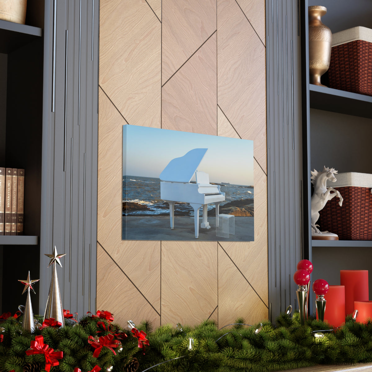 Piano White On Beach Music Lover's Delight Piano Keyboard Canvas Wall Art for Home Decor Ready-to-Hang-Express Your Love Gifts