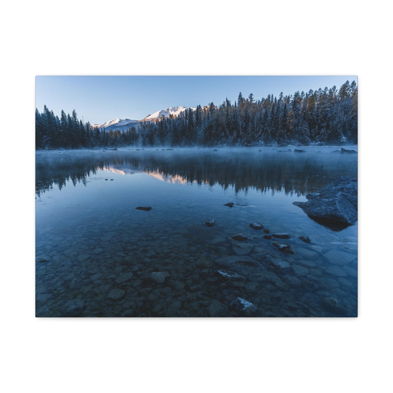 Clear Winter Lake Pine Tree Mountain Nature Wilderness Photography Canvas Wall Art for Home Decor Ready-to-Hang-Express Your Love Gifts