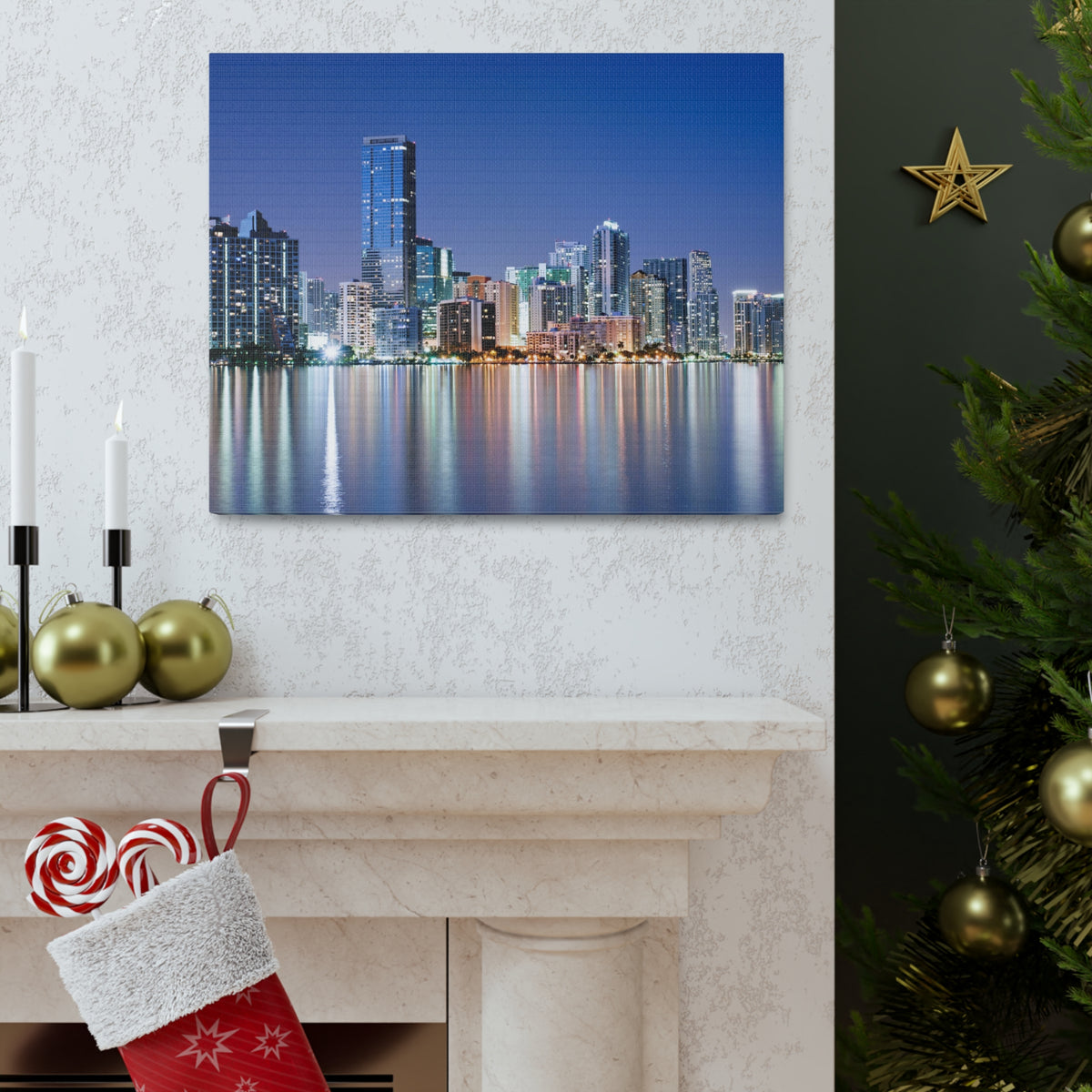 Miami Night Skyline Canvas Artwork High-Quality Breathtaking Stunning Cityscape for Home Decor Ready to Hang-Express Your Love Gifts