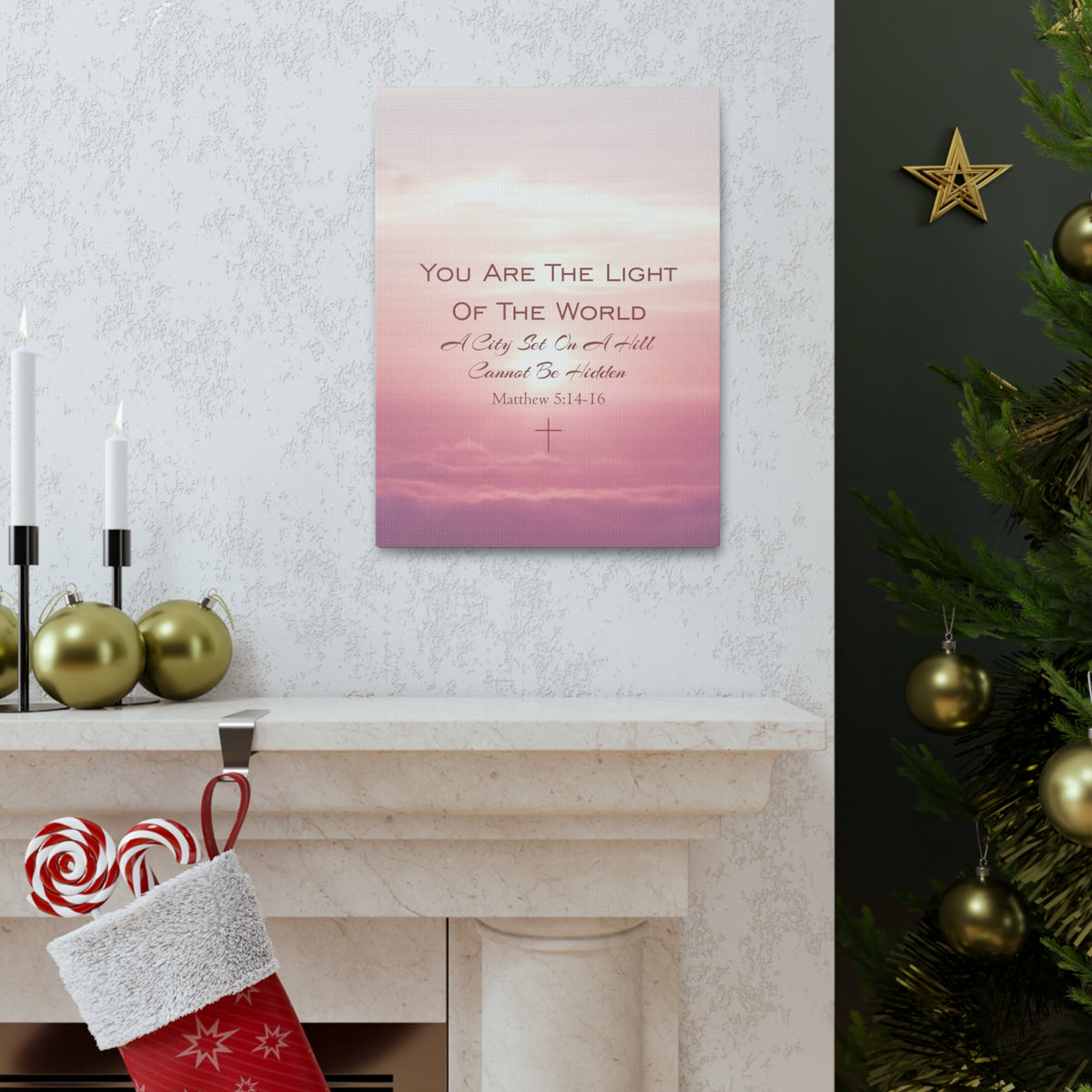 Scripture Canvas Light Of The World Matthew 5:14-16 Christian Wall Art Bible Verse Print Ready to Hang-Express Your Love Gifts