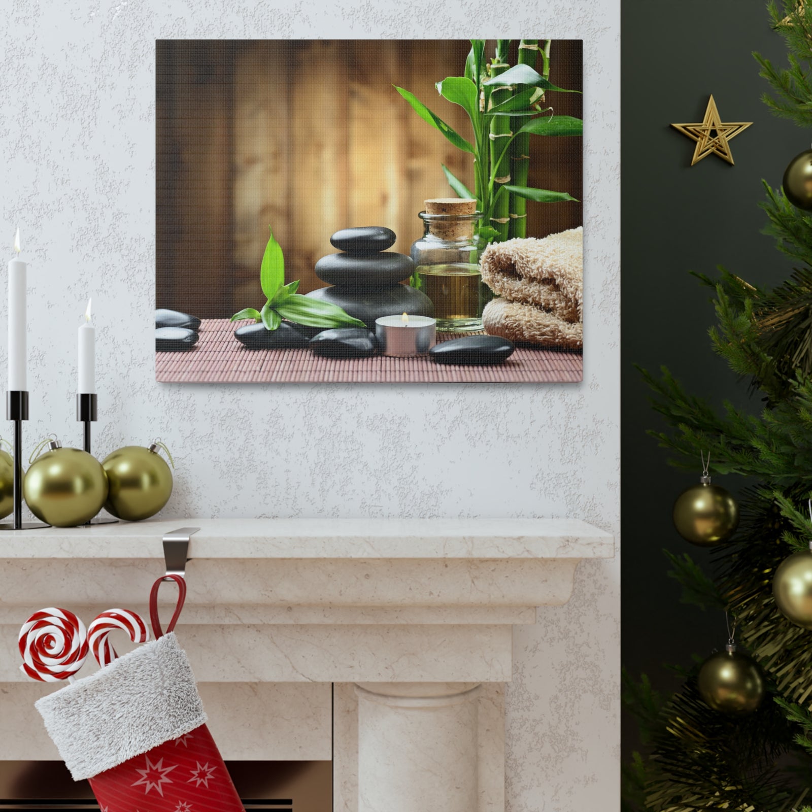 Zen Stones and Bamboo Forest Floral Nature Photography Canvas Wall Art for Home Decor Ready-to-Hang-Express Your Love Gifts