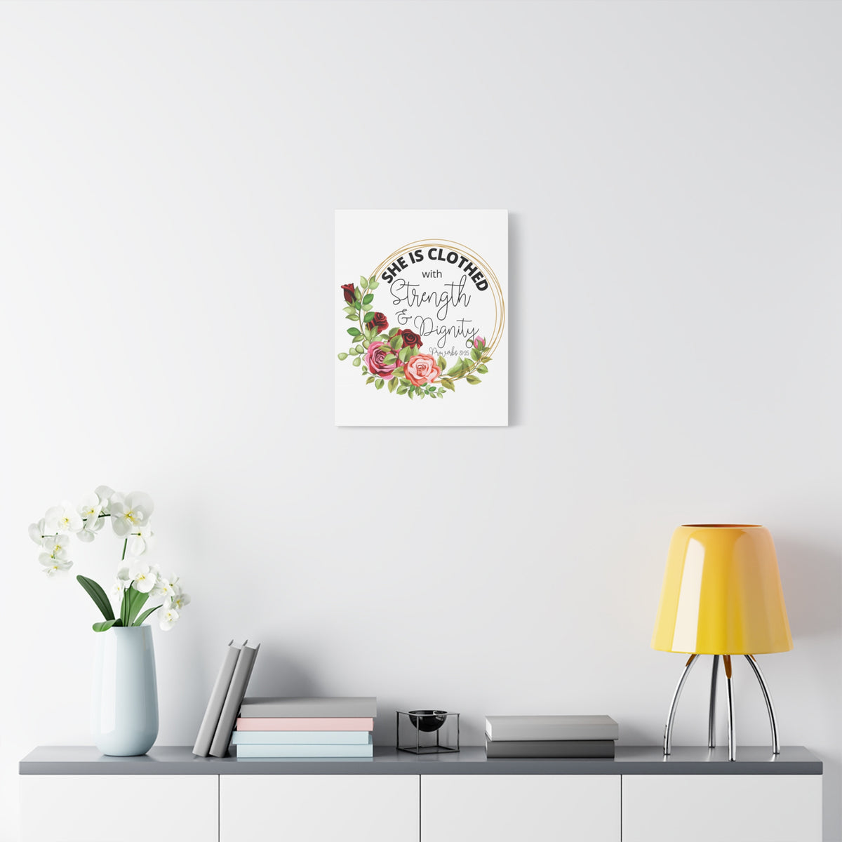 Scripture Walls Proverbs 31:25 Strength and Dignity Floral Wreath Bible Verse Canvas Christian Wall Art Ready to Hang Unframed-Express Your Love Gifts