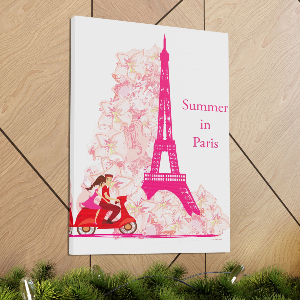 Pink Eiffel Tower Couple On Scooter Paris France Canvas Artwork High-Quality Breathtaking French City for Home Decor Ready to Hang-Express Your Love Gifts