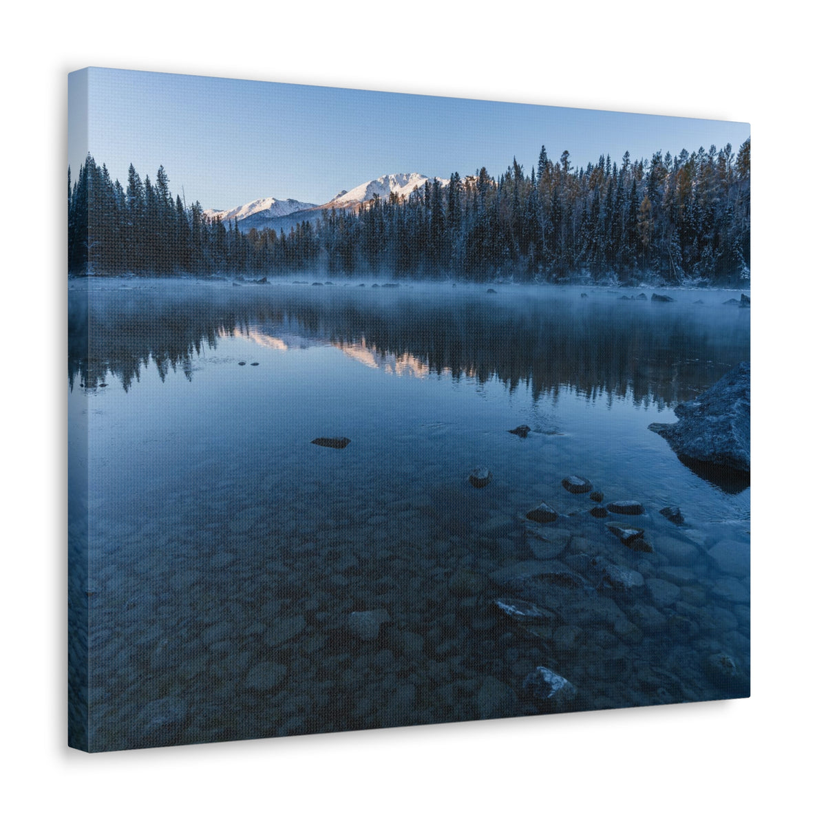 Clear Winter Lake Pine Tree Mountain Nature Wilderness Photography Canvas Wall Art for Home Decor Ready-to-Hang-Express Your Love Gifts